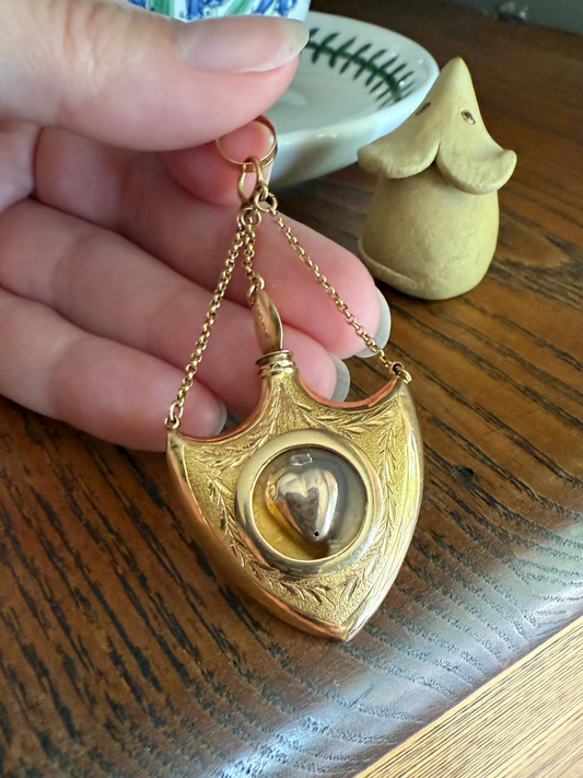SHIELD w/ HEART Locket Georgian Era Antique FLASK Pendant Figural 18k Gold Large Swedish Vinaigrette w/ Stopper