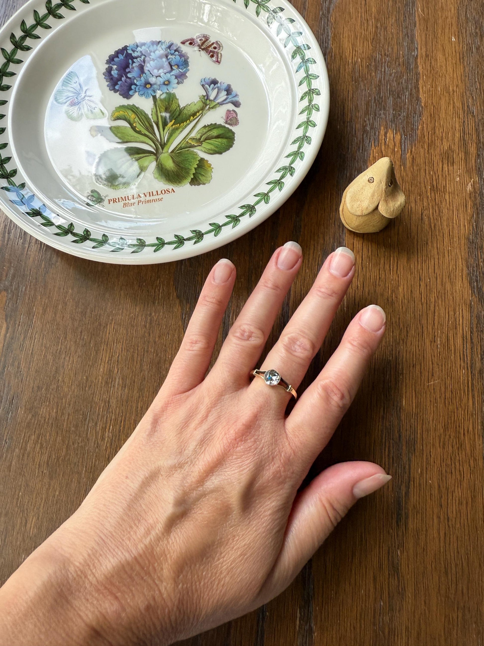 Antique 6.2mm Rose Cut DIAMOND Solitaire 14k Gold Ring Bezel Set Stacker Open Work Shoulders 1 Carat Face Up