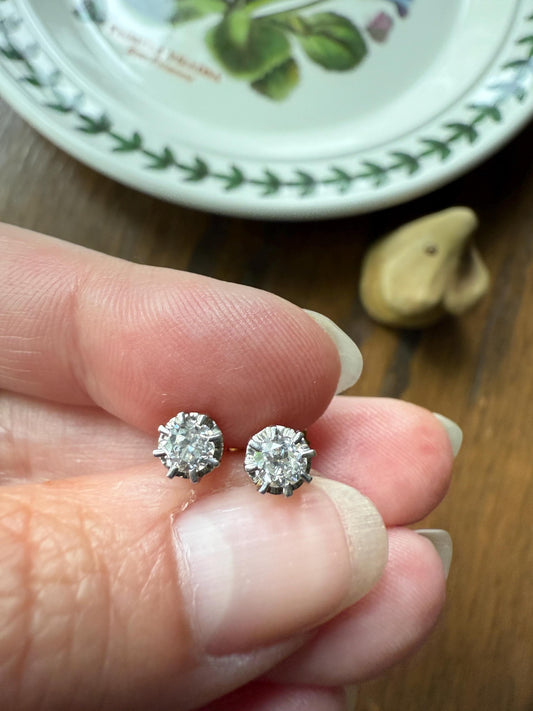 Vintage .58 Ctw Transitional Cut DIAMOND Buttercup Prong Stud Earrings French 18k Gold Platinum Romantic Gift Earstack Minimalist Screw Back