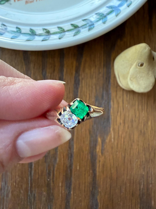 EMERALD Old Mine Cut DIAMOND Antique Toi et Moi Ring 14k Gold Angled Cushion Cut Green Stacker Chunky OMC