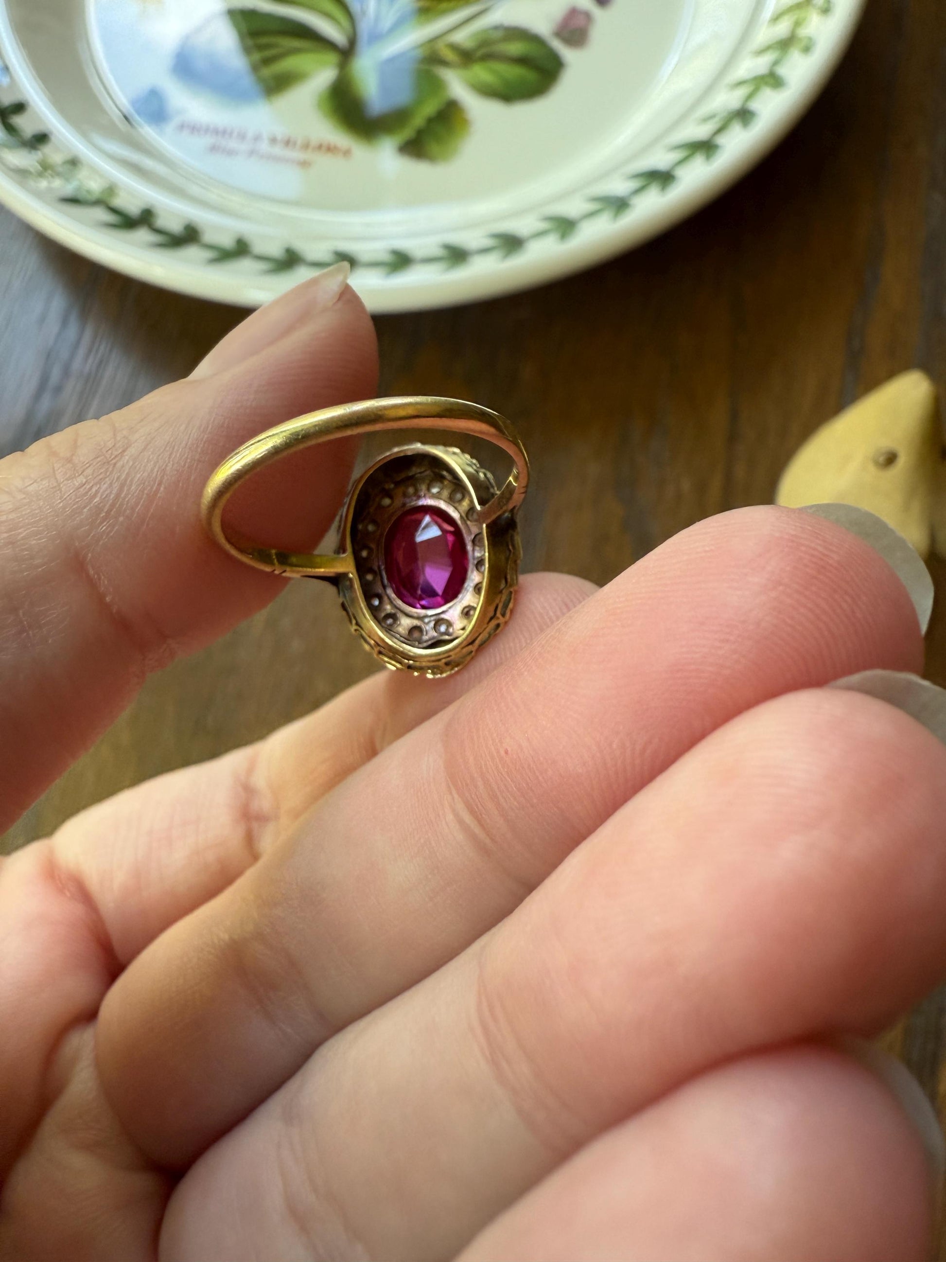 RUBY Pink Floral GARLAND Rose Cut DIAMOND Halo French Antique Ring 18k Gold Forget Me Not Ring Art Nouveau Figural Flower Gift Belle Epoque