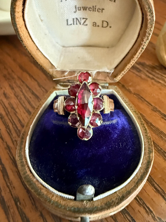 Perpignan GARNET Marquise Navette French Victorian Antique Rose Cut Cluster Ring 18k Gold Belle Epoque Pink Purple