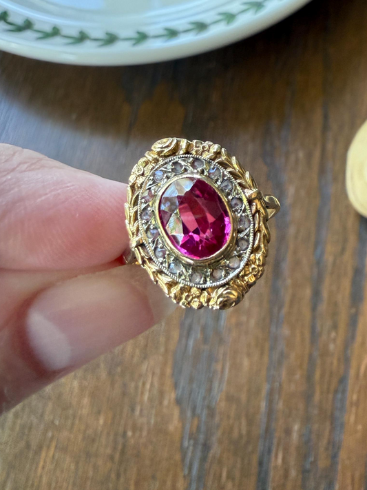 RUBY Pink Floral GARLAND Rose Cut DIAMOND Halo French Antique Ring 18k Gold Forget Me Not Ring Art Belle Epoque