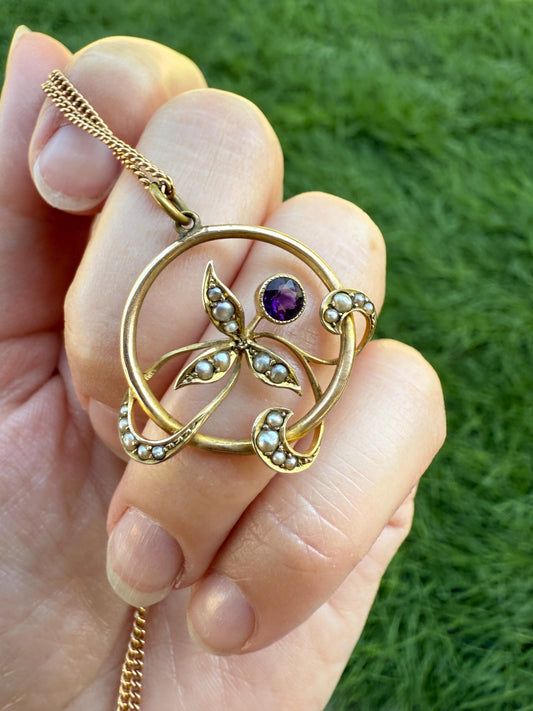 Antique FLORAL Purple AMETHYST 9k Gold Victorian Pendant on Chain Seed Pearl Leaves Art Nouveau Swirl Ornate Necklace