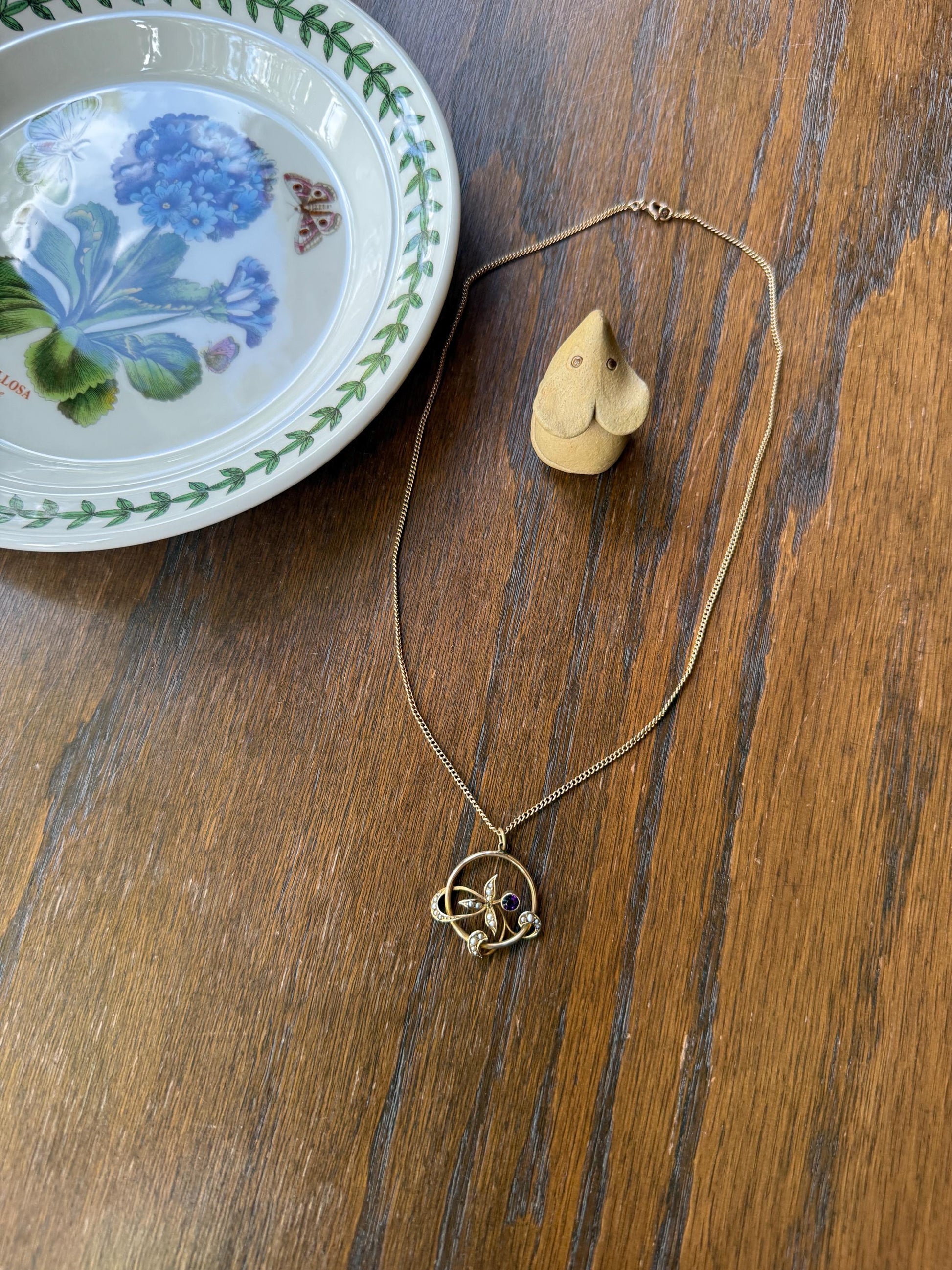 Antique FLORAL Purple AMETHYST 9k Gold Victorian Pendant on Chain Seed Pearl Leaves Art Nouveau Swirl Ornate Necklace