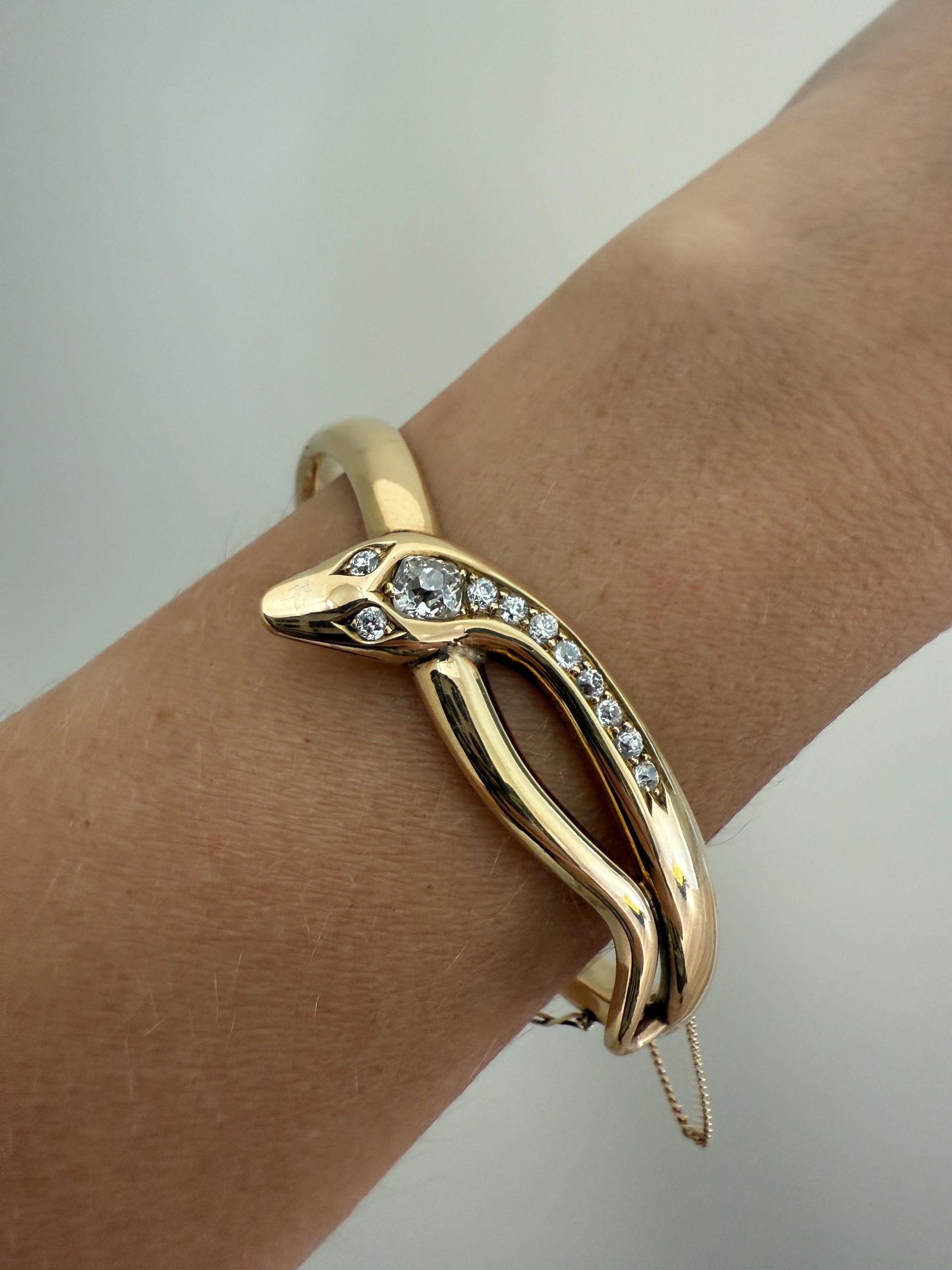 SNAKE Antique 1.3 Carat Old Mine Cut DIAMOND 32g 14k GOLD Chunky Heavy Bangle Bracelet Victorian Figural Coiled Arm Band Wriststack Gift OmC