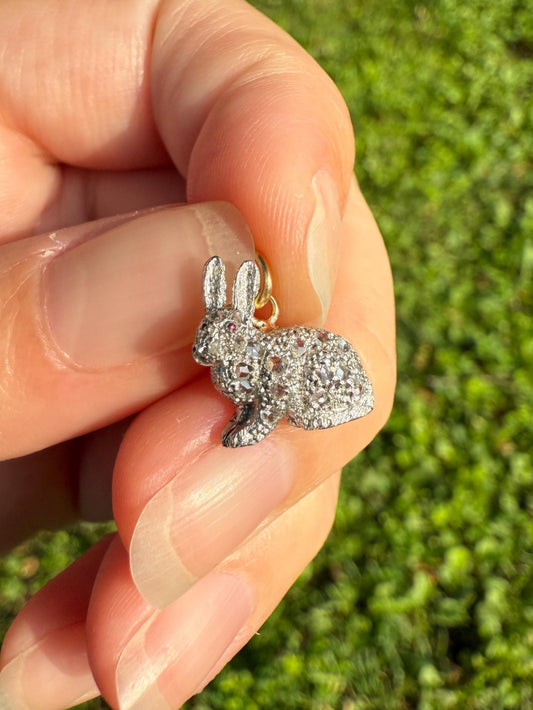 The Little Bun Bun BUNNY Rose Cut Diamond Encrusted ANTIQUE Figural Rabbit Pendant Platinum 18k & 14k Gold 3D Pink Ruby Eye Animal Jewelry