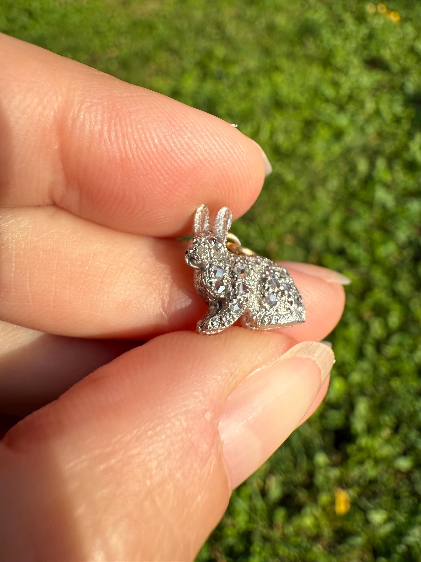 The Little Bun Bun BUNNY Rose Cut Diamond Encrusted ANTIQUE Figural Rabbit Pendant Platinum 18k & 14k Gold 3D Pink Ruby Eye Animal Jewelry