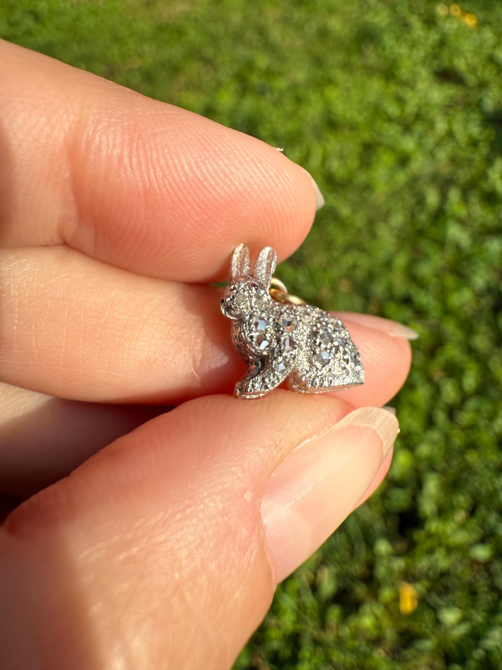 The Little Bun Bun BUNNY Rose Cut Diamond Encrusted ANTIQUE Figural Rabbit Pendant Platinum 18k & 14k Gold 3D Pink Ruby Eye Animal Jewelry