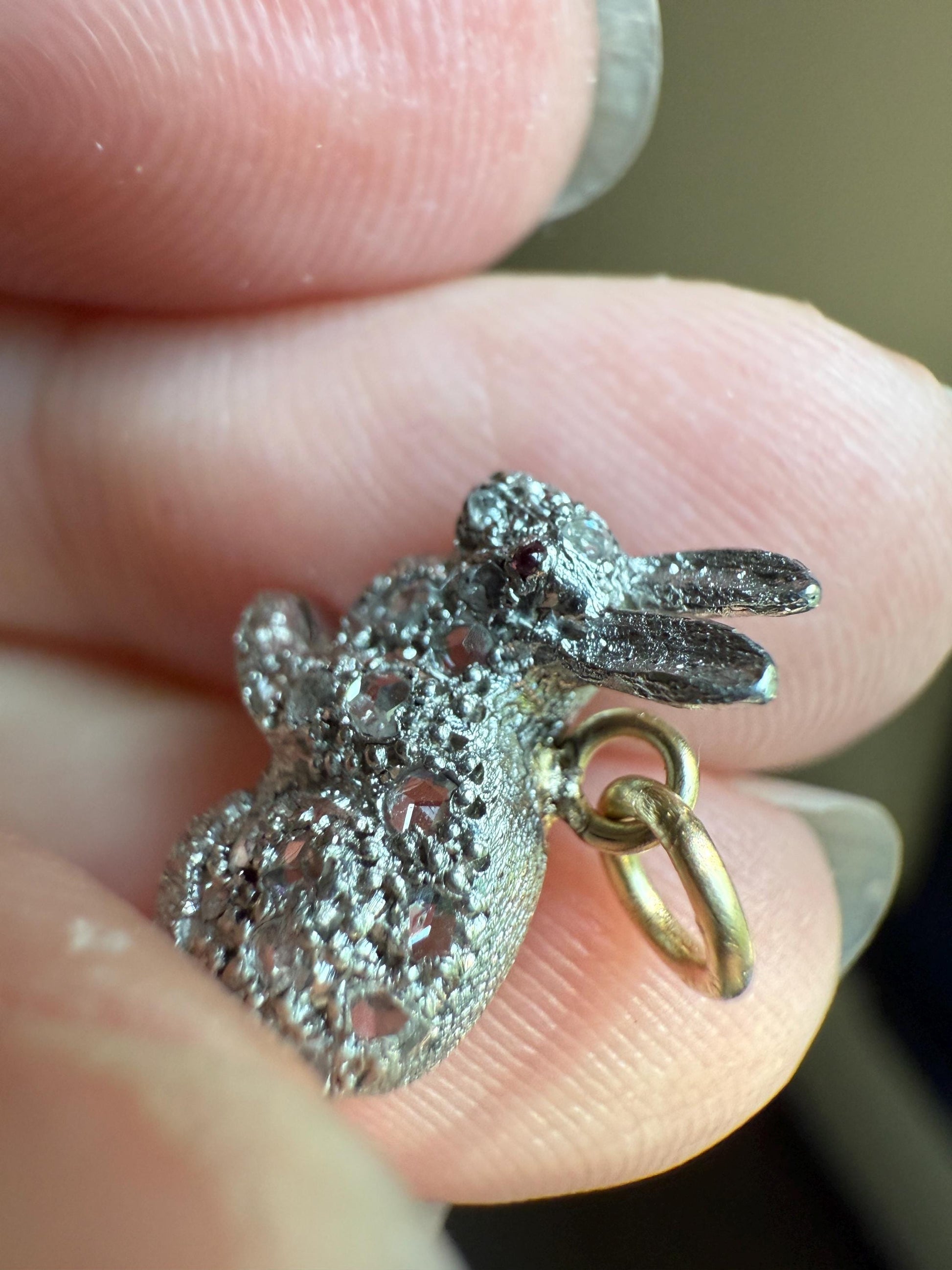 The Little Bun Bun BUNNY Rose Cut Diamond Encrusted ANTIQUE Figural Rabbit Pendant Platinum 18k & 14k Gold 3D Pink Ruby Eye Animal Jewelry