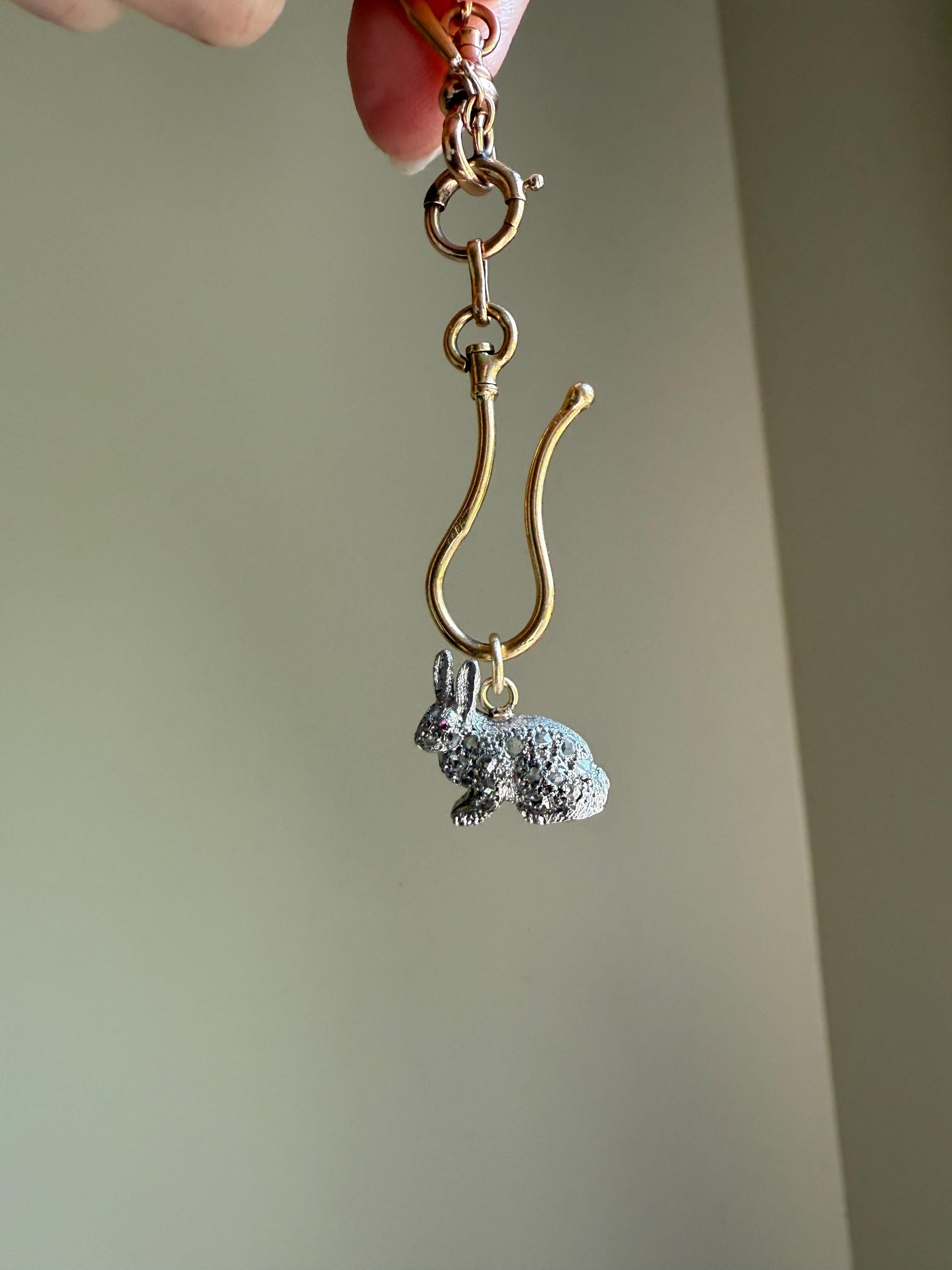 The Little Bun Bun BUNNY Rose Cut Diamond Encrusted ANTIQUE Figural Rabbit Pendant Platinum 18k & 14k Gold 3D Pink Ruby Eye Animal Jewelry