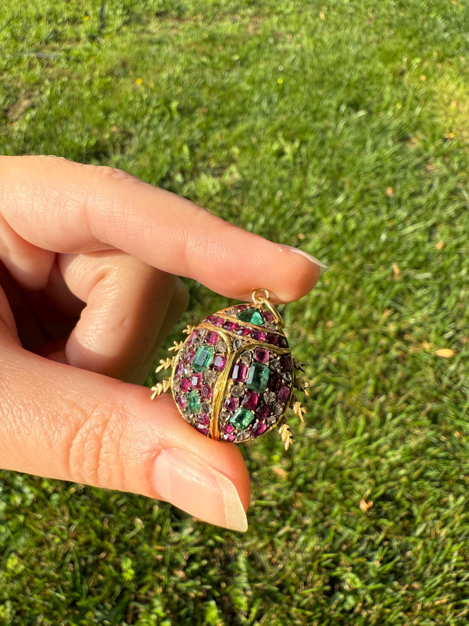 LADYBUG Large Antique Beetle Scarab Ruby Diamond Emerald Encrusted 14k Gold 3D Figural Pendant Domed Colorful Vintage Chunky Sparkle Green