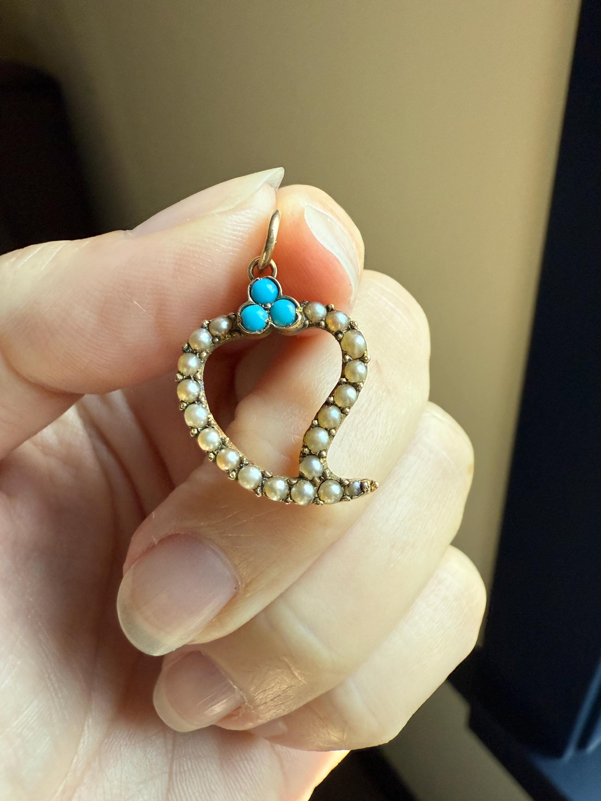 WITCH's HEART Figural 15k Gold Pearl Turquoise Pendant 14k Gold Loops Victorian Antique White Blue Trefoil Clover Top Love Token Luck Charm