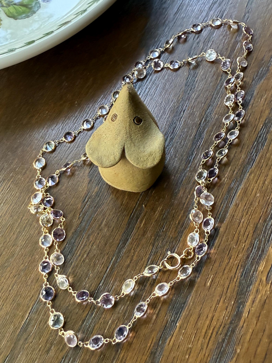 Vintage 25 CARATS Gemset Long Station Chain Guard 71 Rose Pink Quartz White Topaz Purple Amethyst 18k GOLD Necklace Harlequin