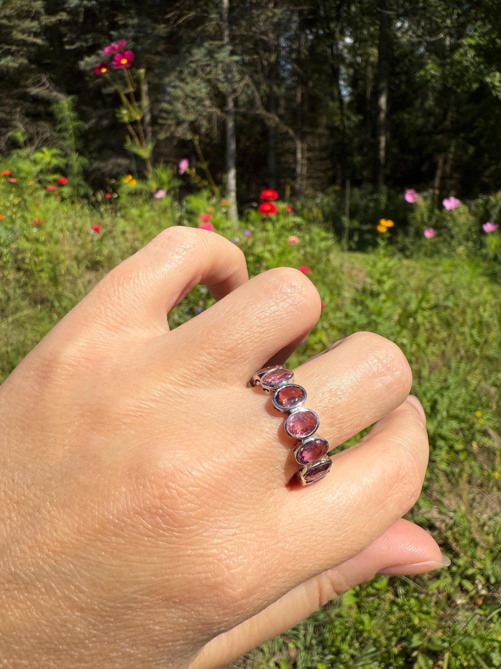 PINK TOURMALINE 5 Carats Natural French Vintage ETERNITY Ring 14k White Gold Wide Band Oval Pale Dusty Rose Light Dark Hue Chunky Stacker
