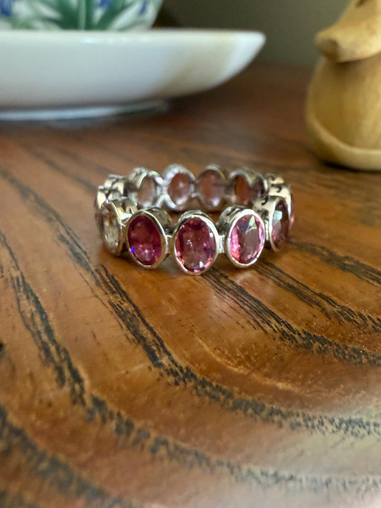 PINK TOURMALINE 5 Carats Natural French Vintage ETERNITY Ring 14k White Gold Wide Band Oval Pale Dusty Rose Light Dark Hue Chunky Stacker