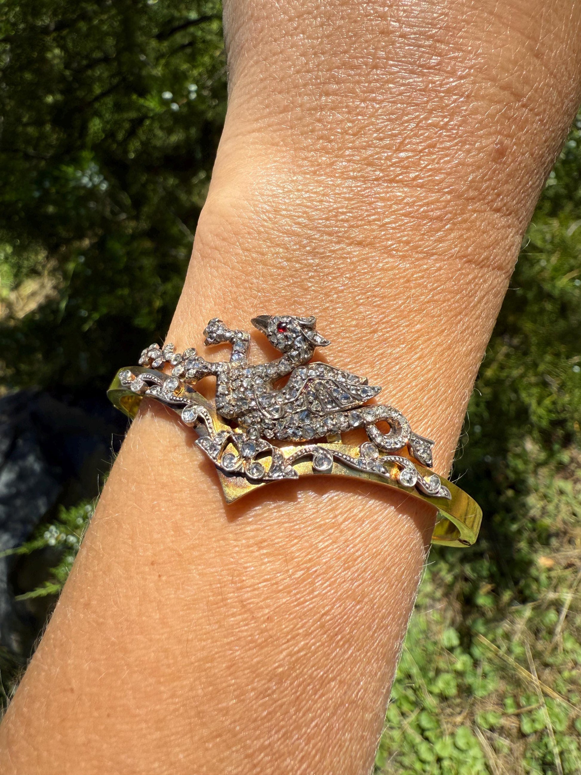 DRAGON Rare One of a Kind Antique Figural 130+ Rose Cut Diamond BANGLE Bracelet French Victorian 18k Gold Silver Chimera Phoenix Chevron