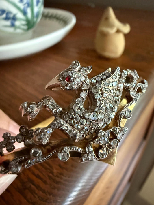 DRAGON Rare One of a Kind Antique Figural 130+ Rose Cut Diamond BANGLE Bracelet French Victorian 18k Gold Silver Chimera Phoenix Chevron