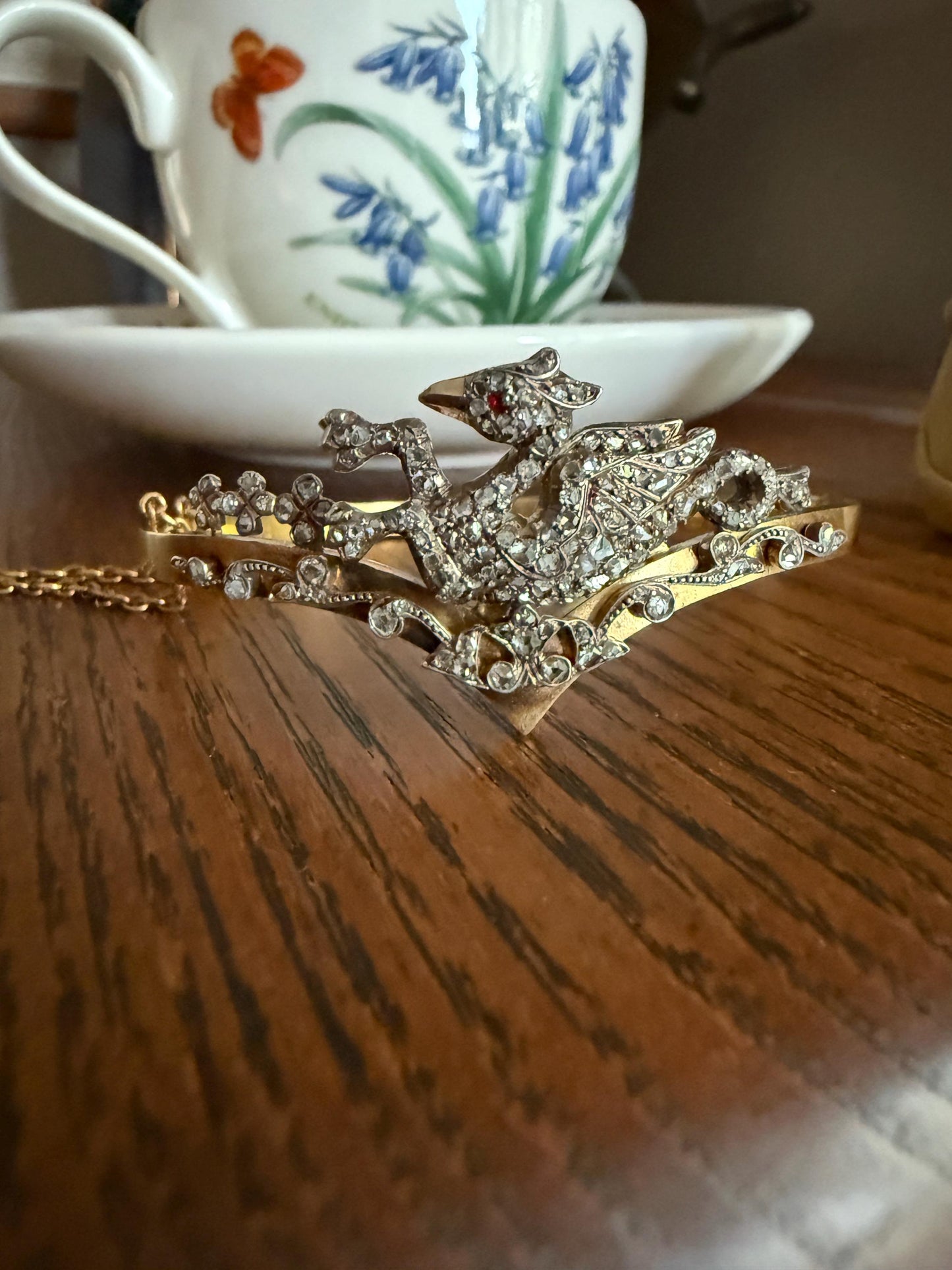 DRAGON Rare One of a Kind Antique Figural 130+ Rose Cut Diamond BANGLE Bracelet French Victorian 18k Gold Silver Chimera Phoenix Chevron