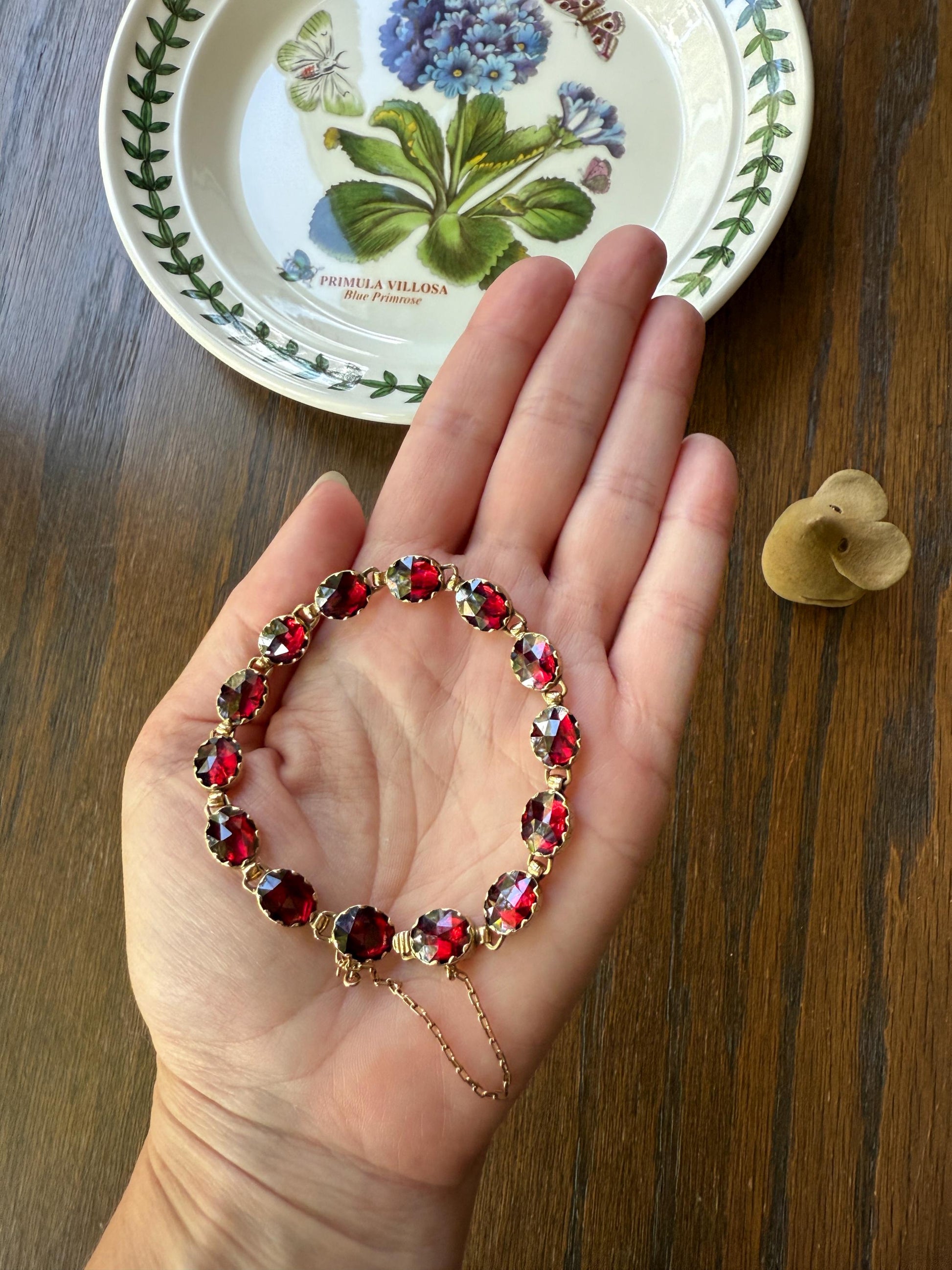 Antique French Perpignan GARNET Oval Riviere Eternity Tennis Bracelet 18k Gold Bezel Set Rose Cut Closed Back Almandine Glowing Raspberry