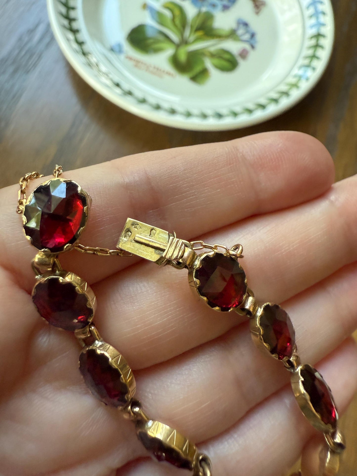 Antique French Perpignan GARNET Oval Riviere Eternity Tennis Bracelet 18k Gold Bezel Set Rose Cut Closed Back Almandine Glowing Raspberry