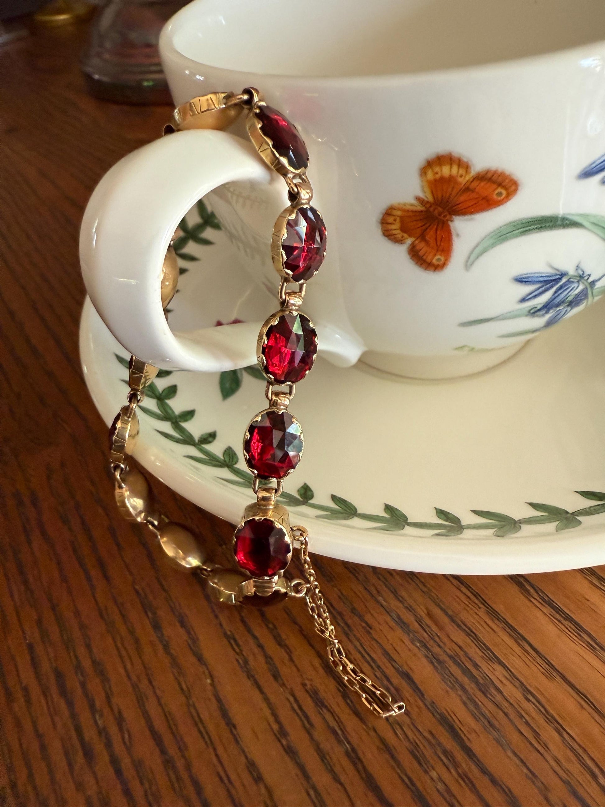 Antique French Perpignan GARNET Oval Riviere Eternity Tennis Bracelet 18k Gold Bezel Set Rose Cut Closed Back Almandine Glowing Raspberry