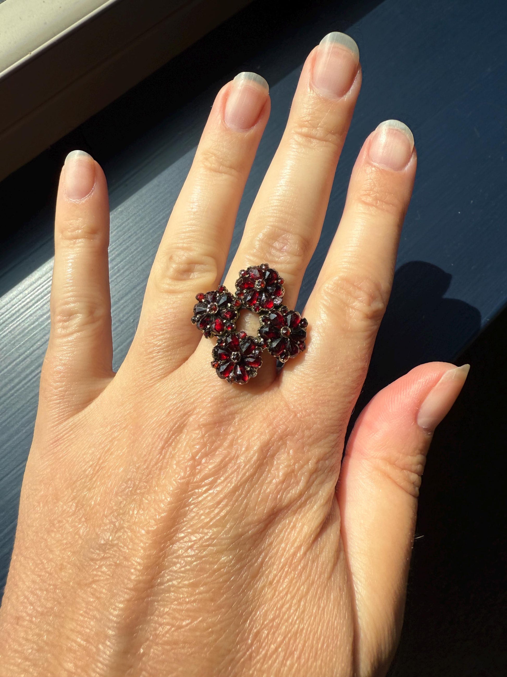 Almost ANTIQUE Pear Red Rose Cut GARNET 4 Floral Clusters RING Large Unique Statement Crimson Glow Gilt Silver Goldwash Cruciform Art Deco