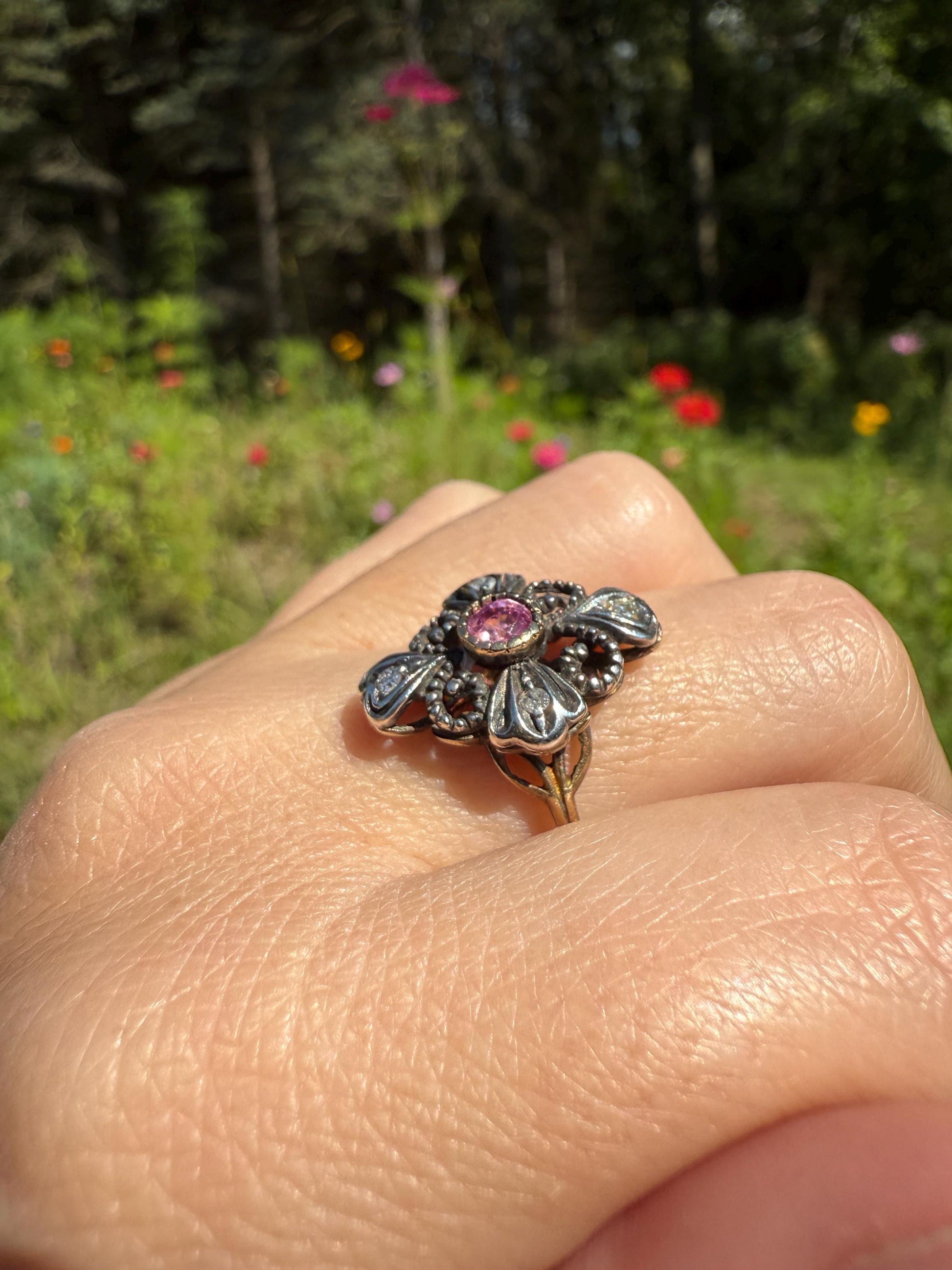 HEARTS Ornate Shield RUBY Old Single Cut DIAMOND Ring 18k Gold Silver Flourishes Scrolled Shield Large Cocktail Statement Gift
