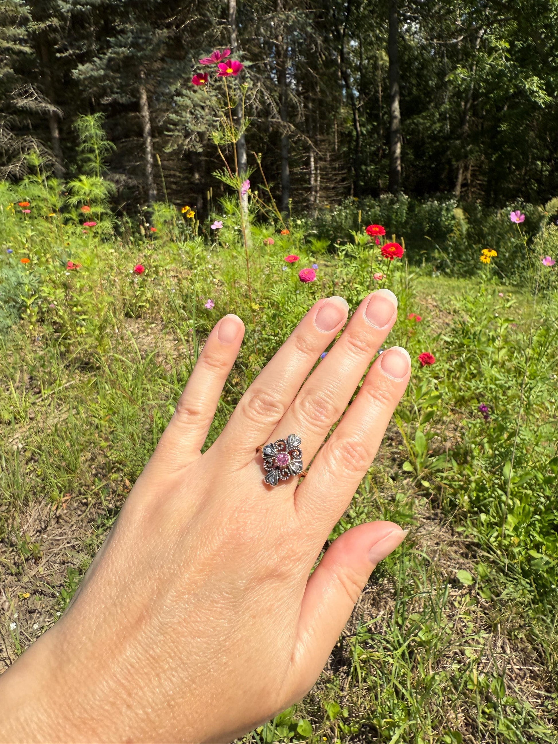 HEARTS Ornate Shield RUBY Old Single Cut DIAMOND Ring 18k Gold Silver Flourishes Scrolled Shield Large Cocktail Statement Gift