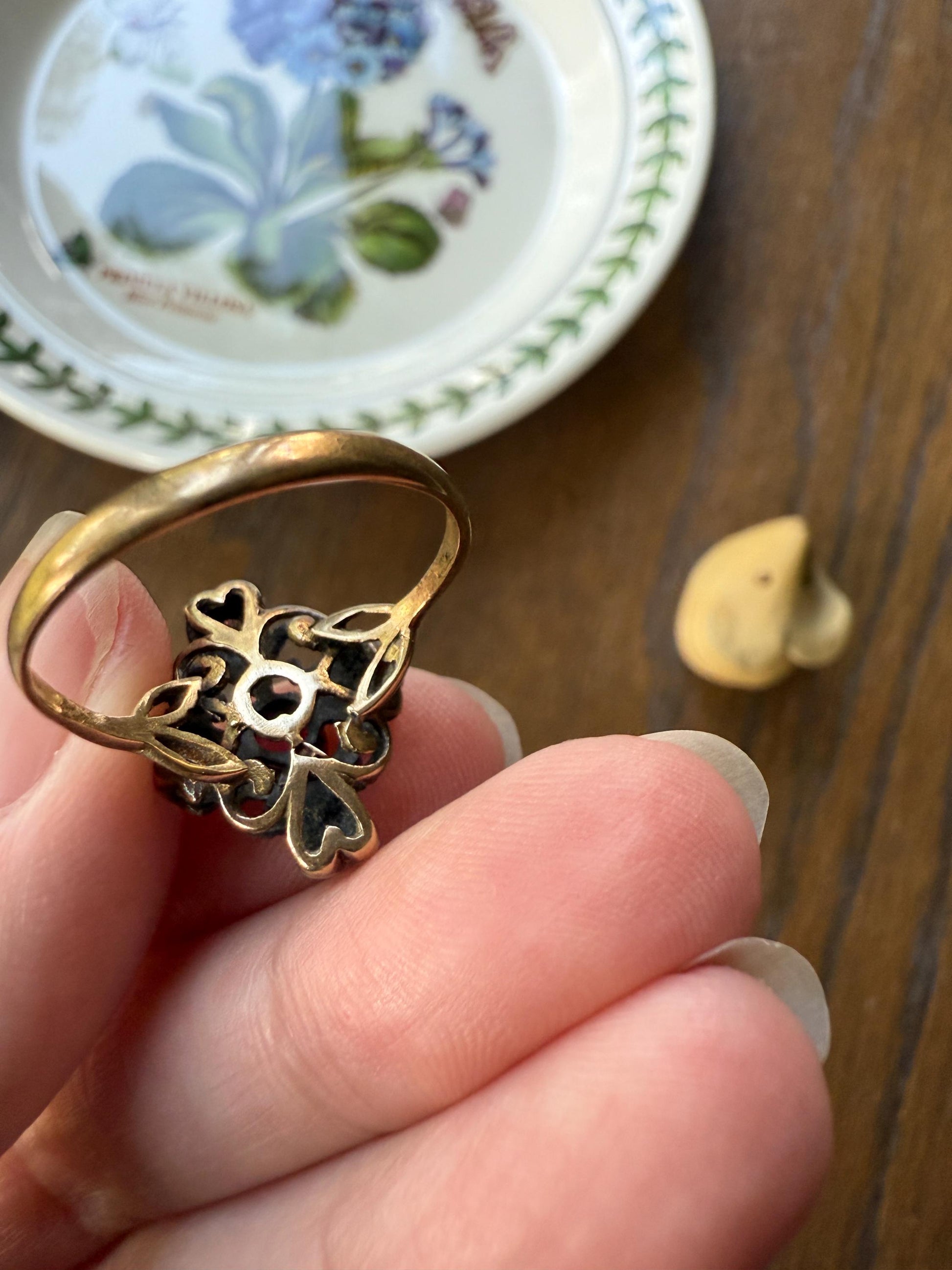 HEARTS Ornate Shield RUBY Old Single Cut DIAMOND Ring 18k Gold Silver Flourishes Scrolled Shield Large Cocktail Statement Gift