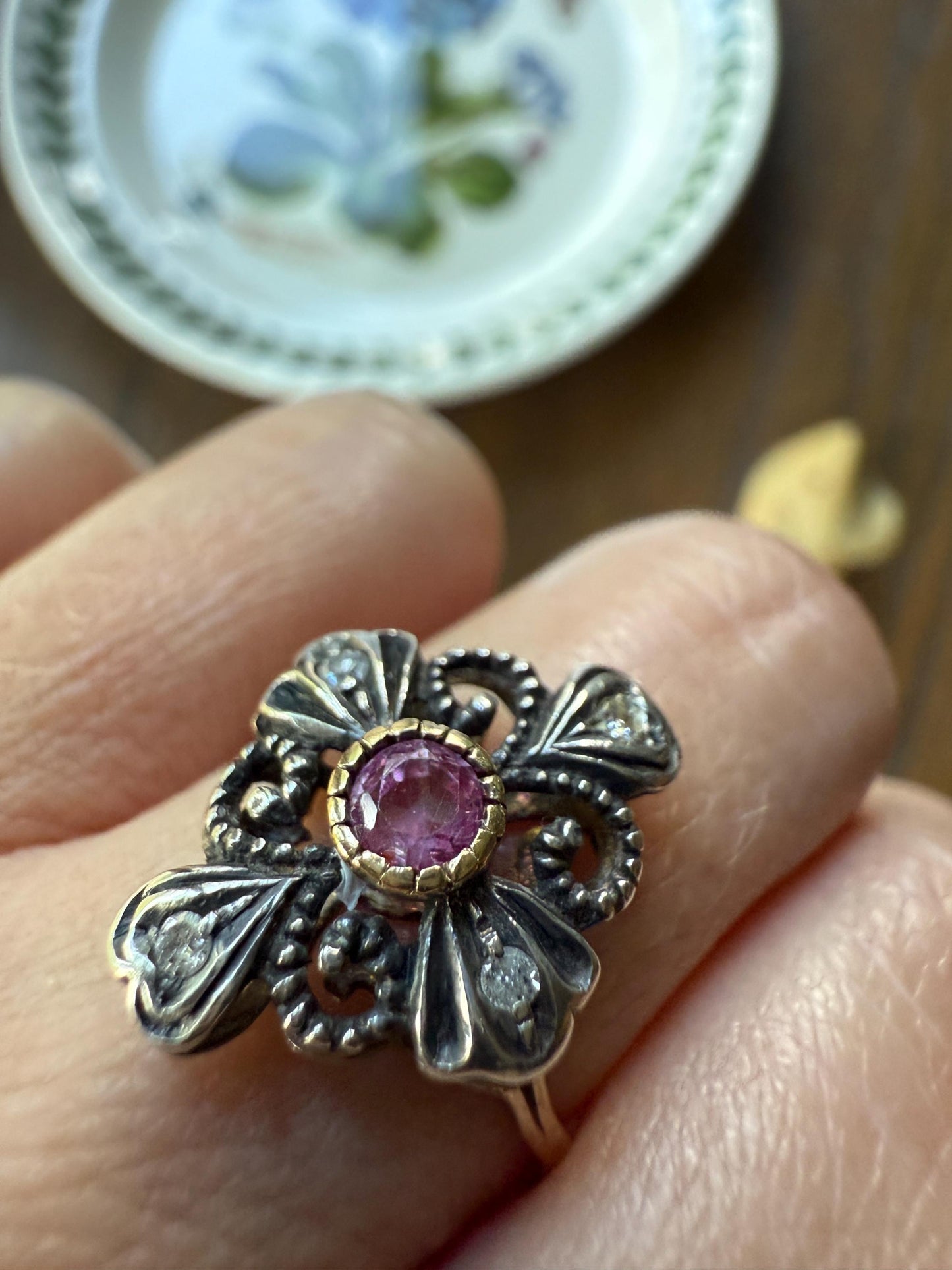 HEARTS Ornate Shield RUBY Old Single Cut DIAMOND Ring 18k Gold Silver Flourishes Scrolled Shield Large Cocktail Statement Gift