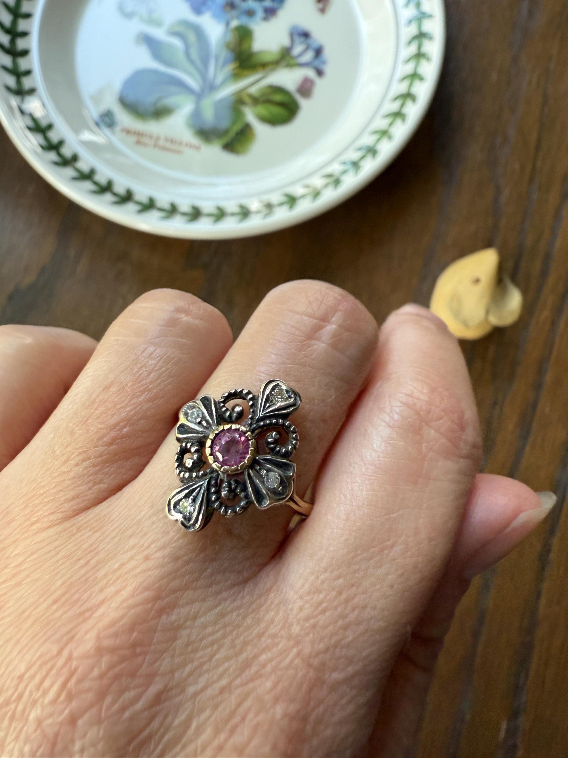 HEARTS Ornate Shield RUBY Old Single Cut DIAMOND Ring 18k Gold Silver Flourishes Scrolled Shield Large Cocktail Statement Gift