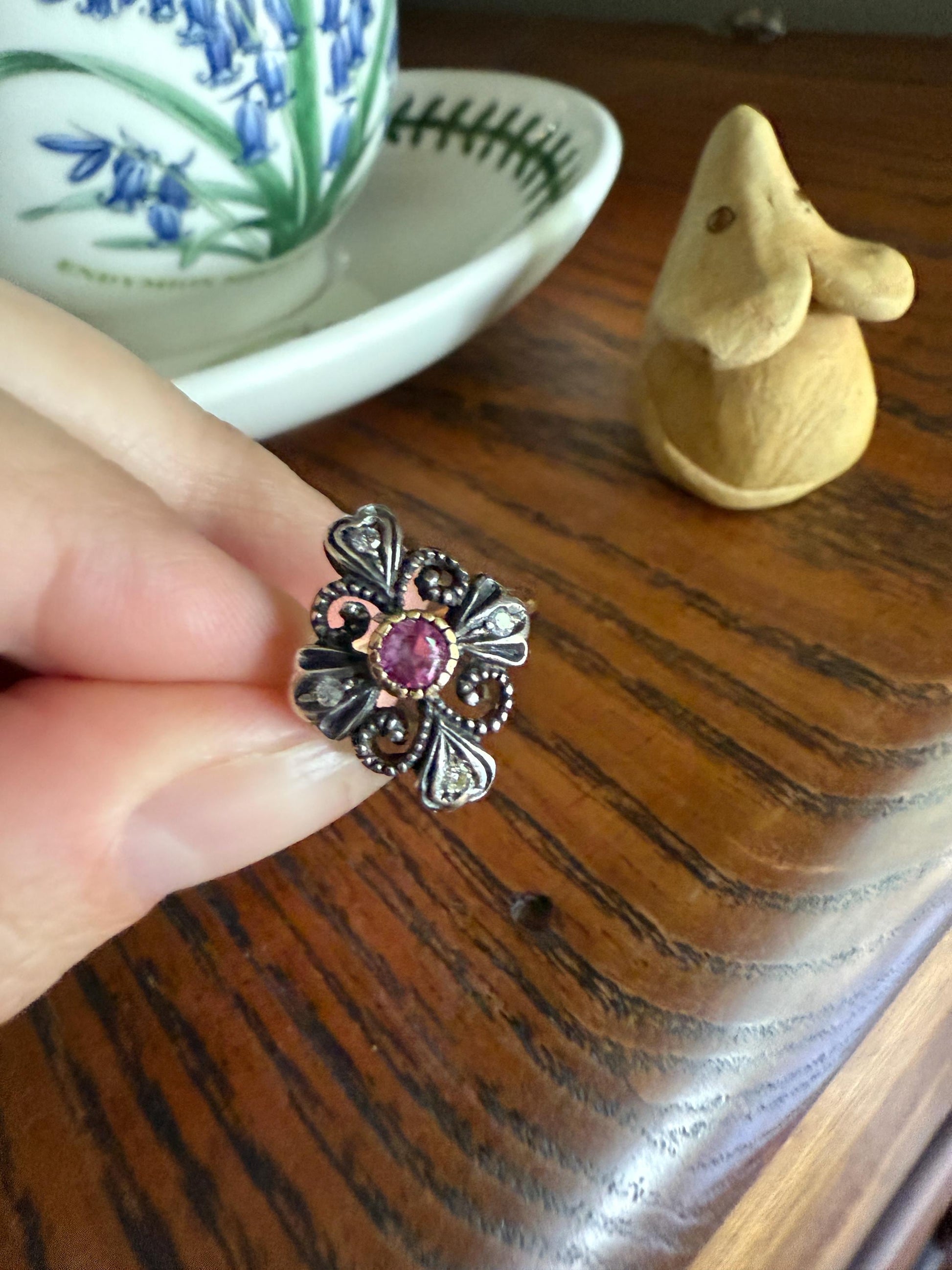 HEARTS Ornate Shield RUBY Old Single Cut DIAMOND Ring 18k Gold Silver Flourishes Scrolled Shield Large Cocktail Statement Gift