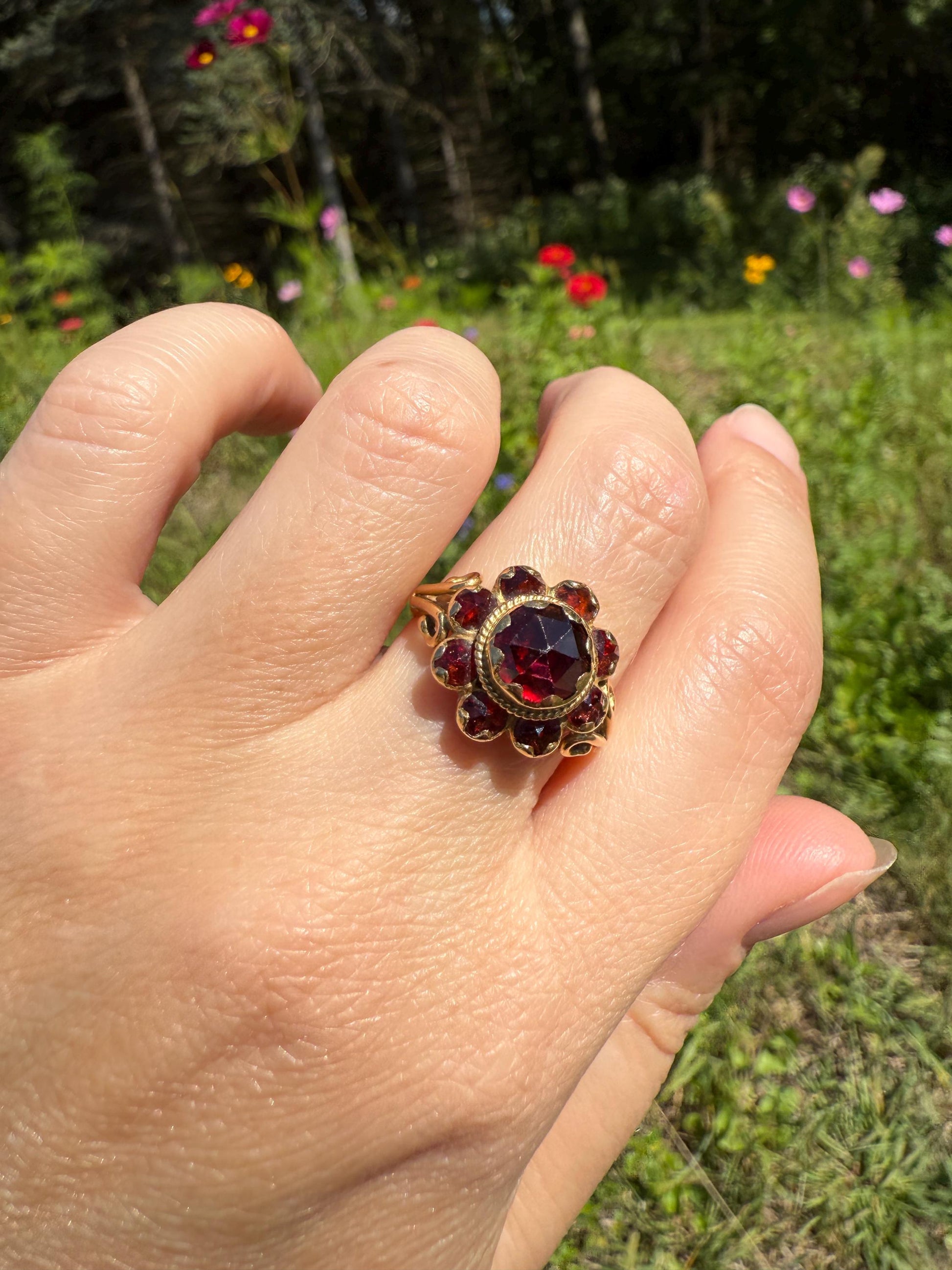 Cluster Vintage Perpignan GARNET Bauble Ring Ornate tacker Crimson Glowing Red Tiered Romantic Gift Victorian Antique Style