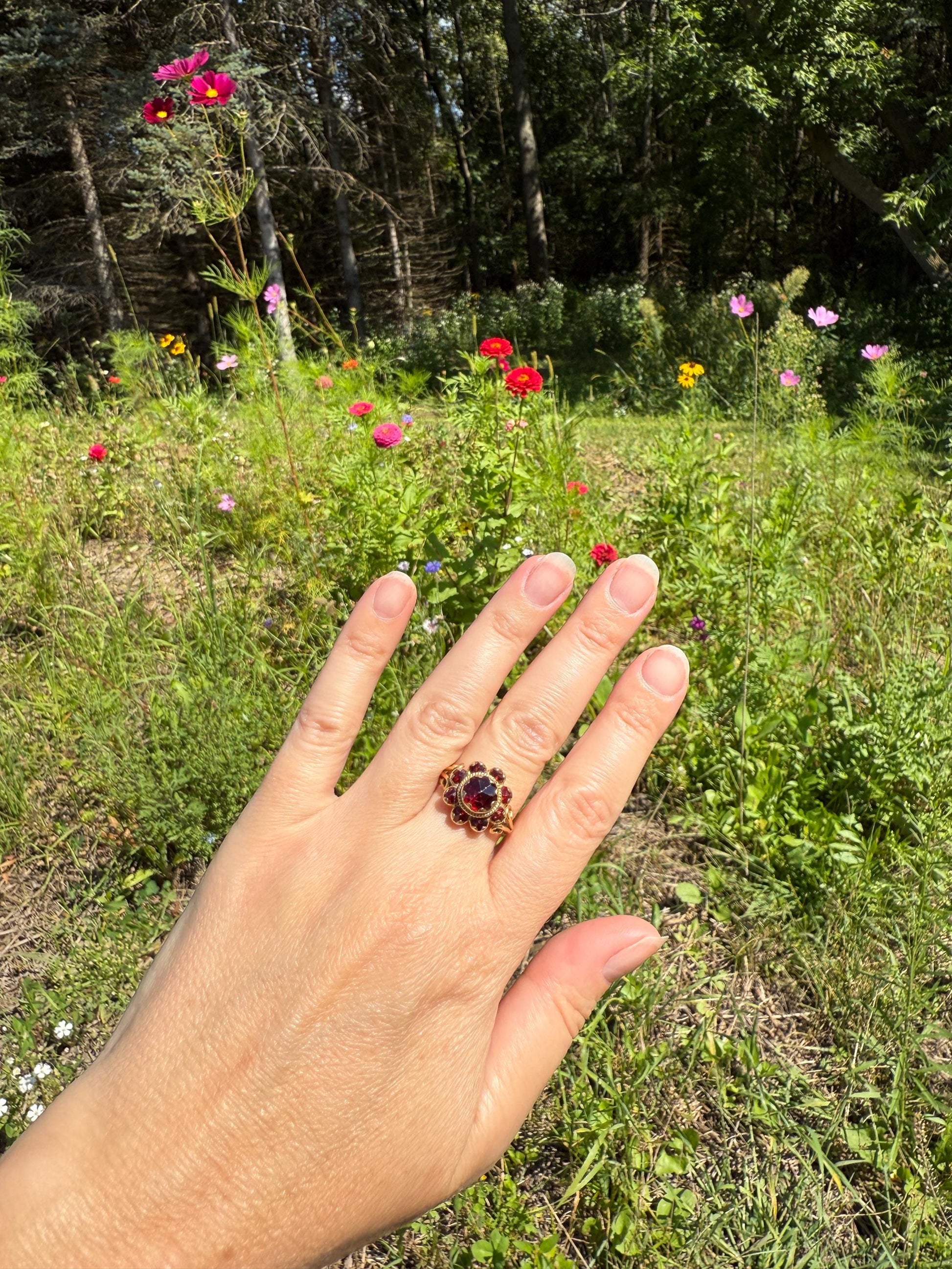 Cluster Vintage Perpignan GARNET Bauble Ring Ornate tacker Crimson Glowing Red Tiered Romantic Gift Victorian Antique Style