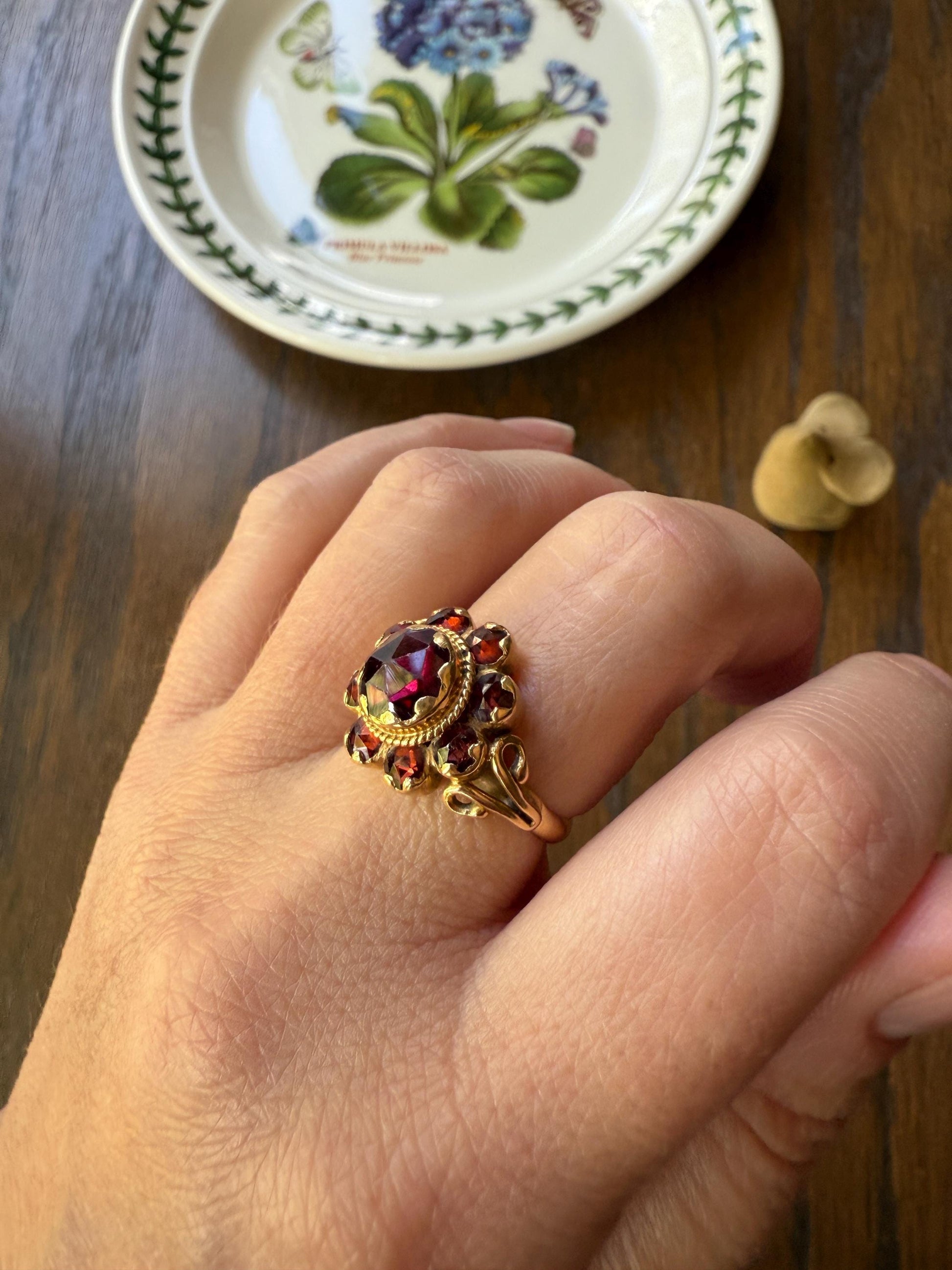Cluster Vintage Perpignan GARNET Bauble Ring Ornate tacker Crimson Glowing Red Tiered Romantic Gift Victorian Antique Style