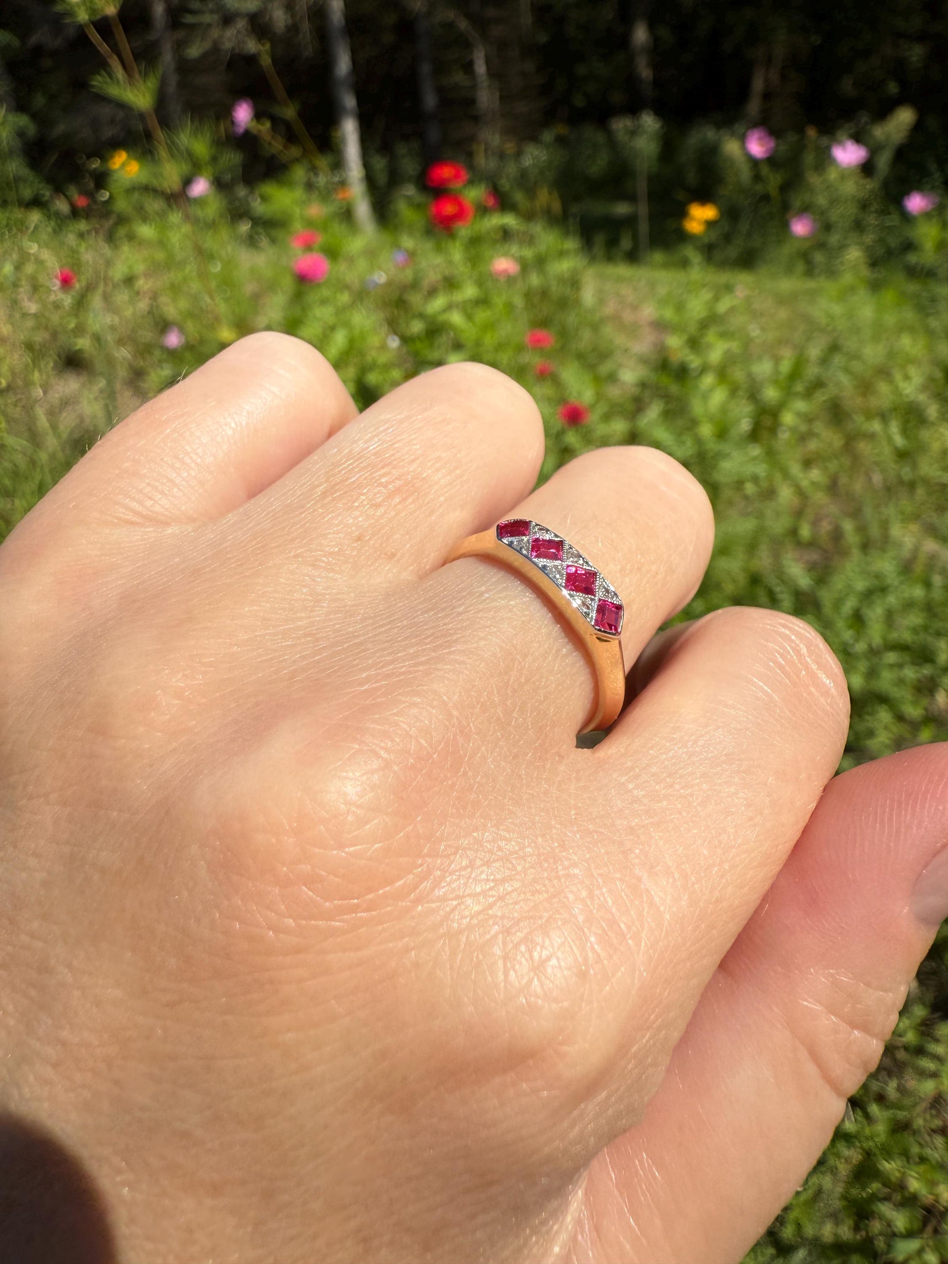 Geometric Antique Four Stone Square RUBY Rose Cut DIAMOND Band Argyle Pattern Geometric Ring 18k Gold Skinny Pink Stacker Gift