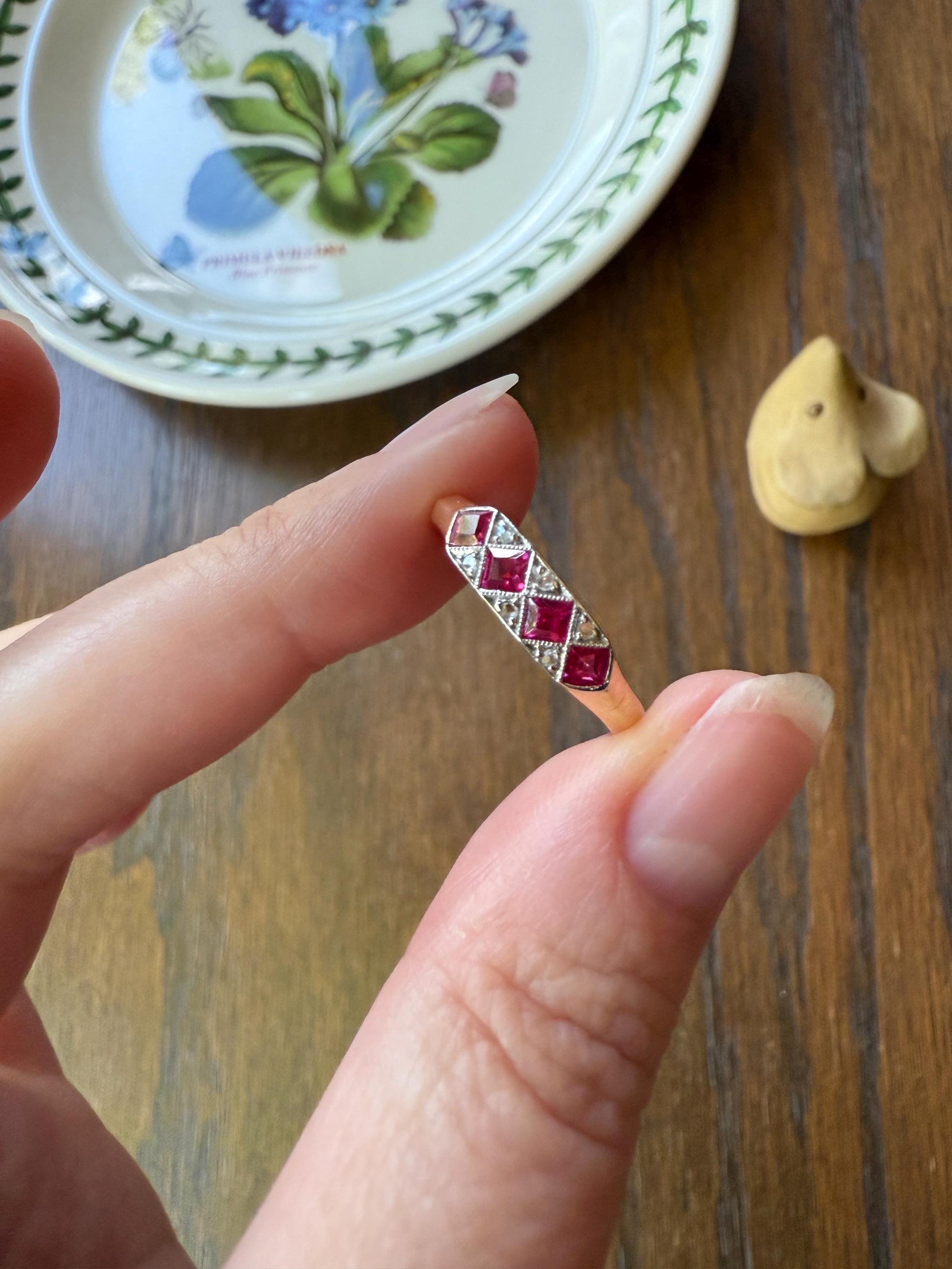 Geometric Antique Four Stone Square RUBY Rose Cut DIAMOND Band Argyle Pattern Geometric Ring 18k Gold Skinny Pink Stacker Gift