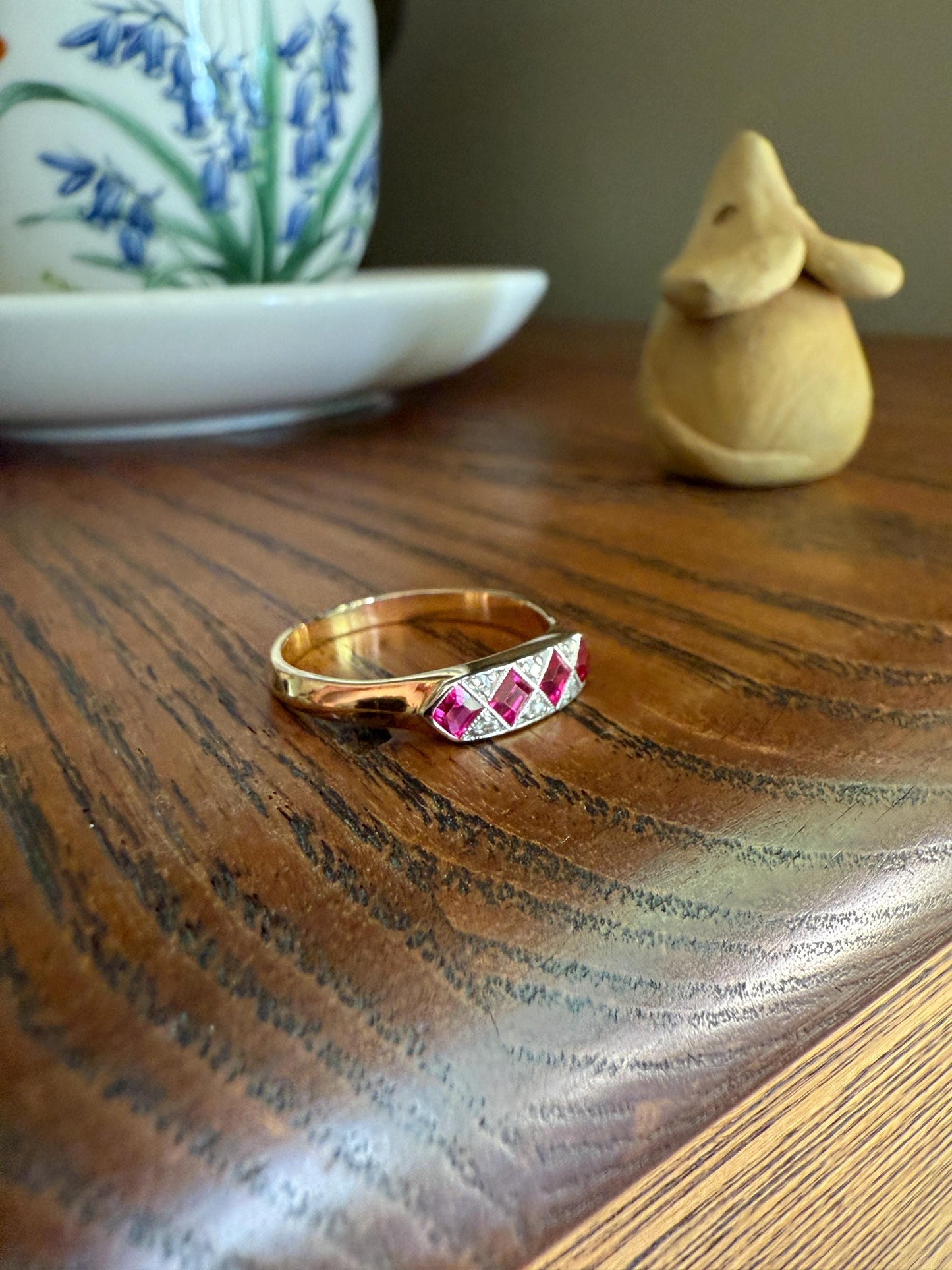 Geometric Antique Four Stone Square RUBY Rose Cut DIAMOND Band Argyle Pattern Geometric Ring 18k Gold Skinny Pink Stacker Gift