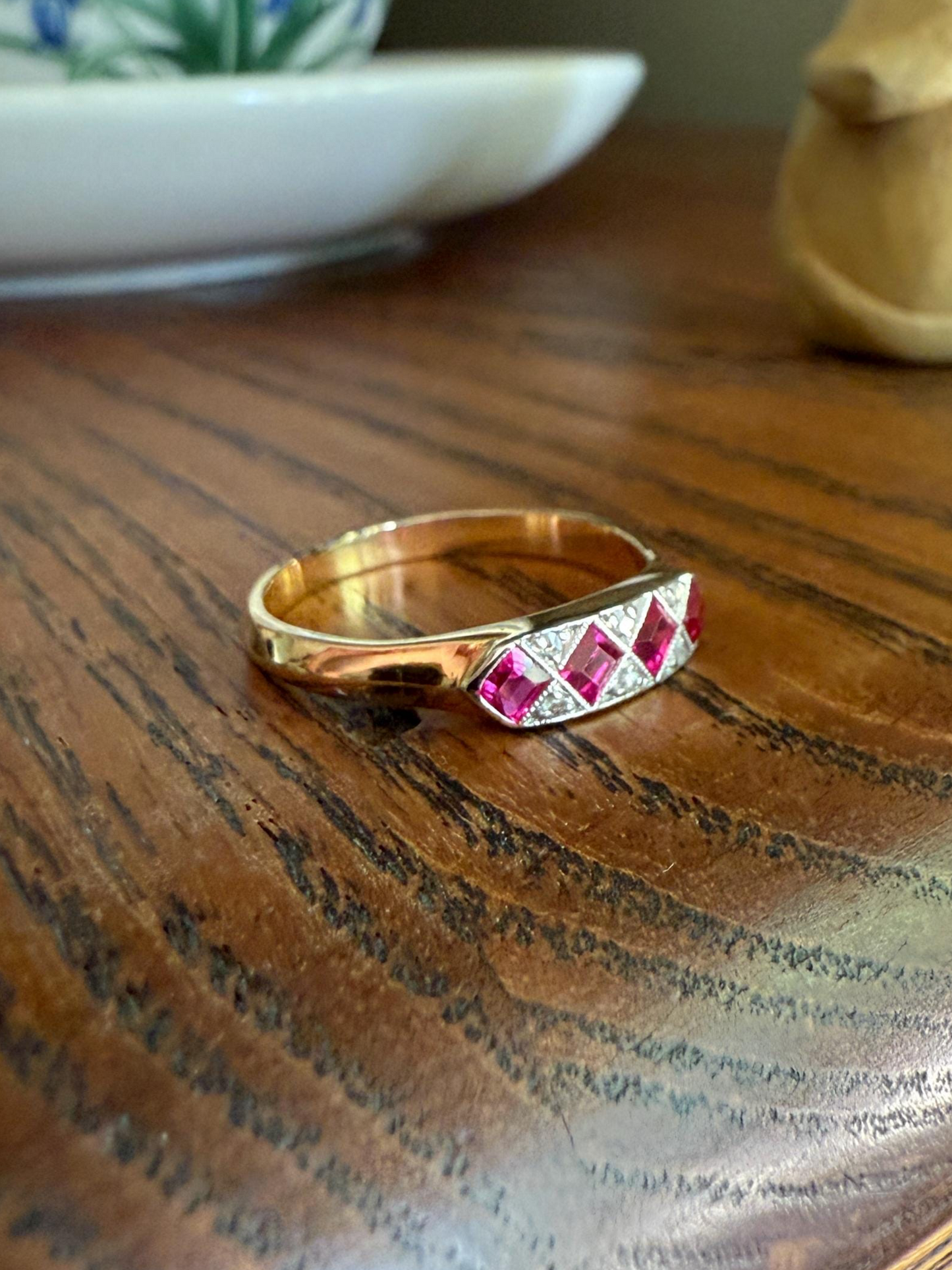 Geometric Antique Four Stone Square RUBY Rose Cut DIAMOND Band Argyle Pattern Geometric Ring 18k Gold
