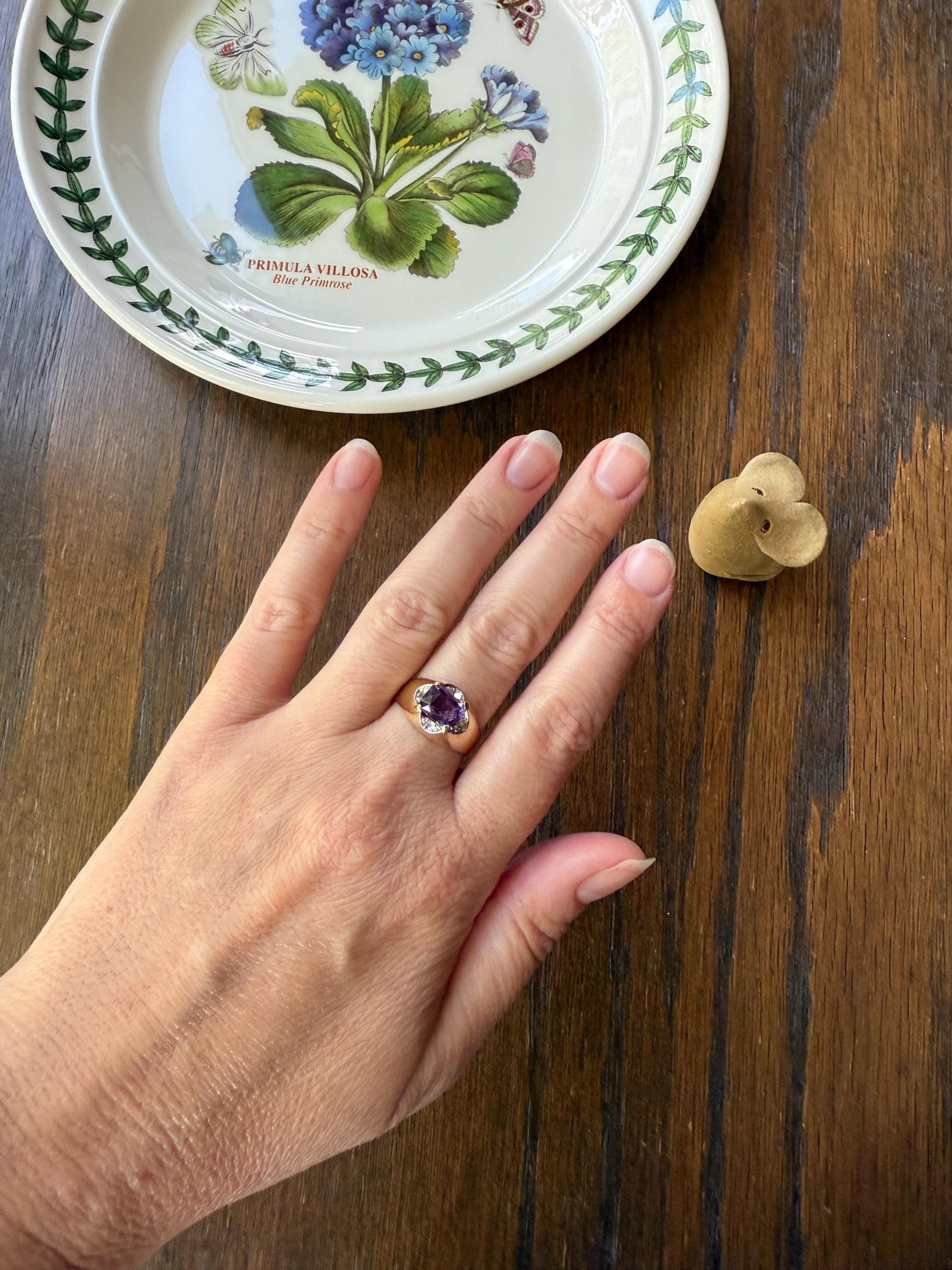 Vintage East West Amethyst Single Cut DIAMOND 18k Gold Domed Band Ring Lavender Purple Stacker Gift Unique Two Tier Gypsy Setting