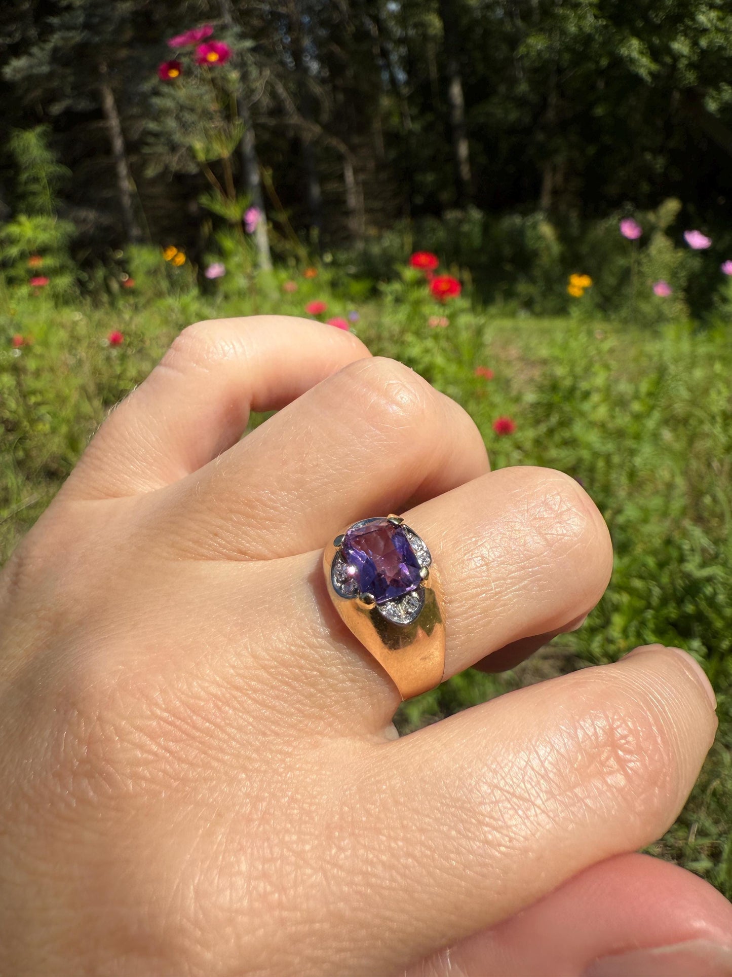 Vintage East West Amethyst Single Cut DIAMOND 18k Gold Domed Band Ring Lavender Purple Stacker Gift Unique Two Tier Gypsy Setting