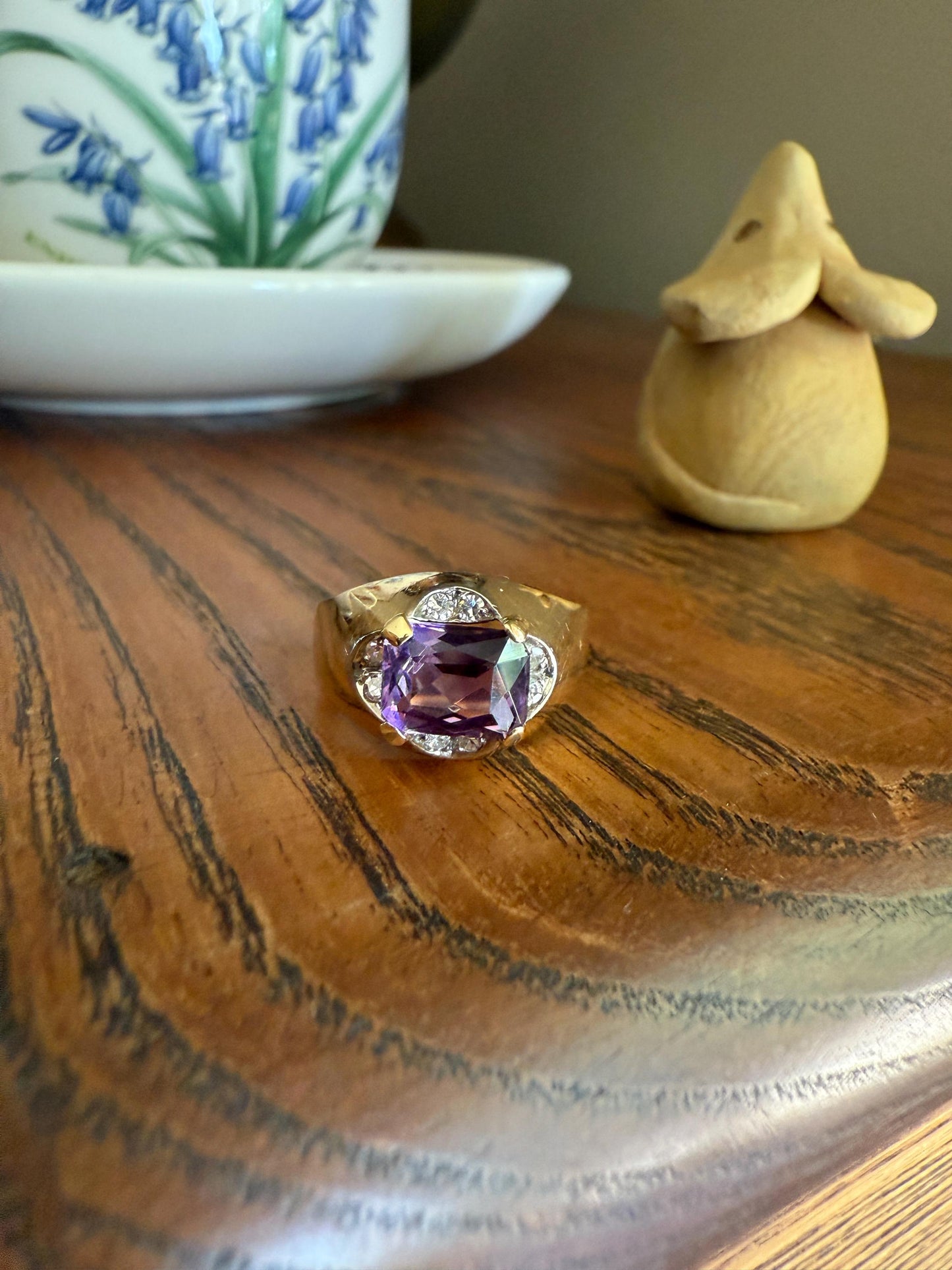 Vintage East West Amethyst Single Cut DIAMOND 18k Gold Domed Band Ring Lavender Purple Stacker Gift Unique Two Tier Gypsy Setting