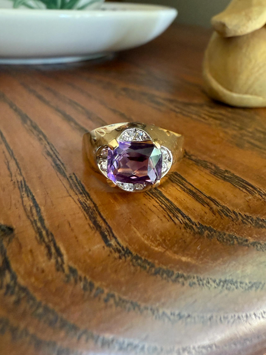 Vintage East West Amethyst Single Cut DIAMOND 18k Gold Domed Band Ring Lavender Purple Stacker Gift