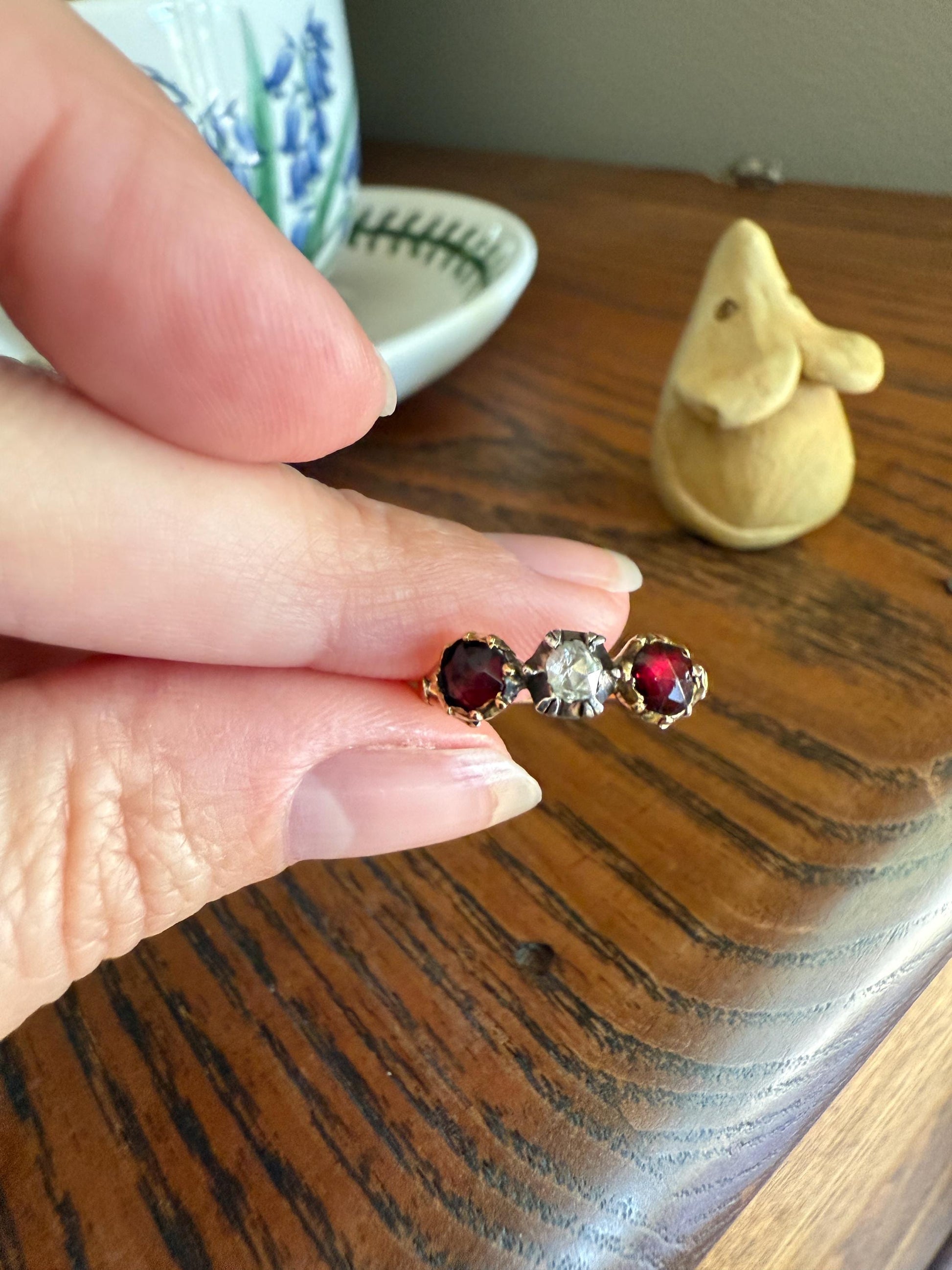 Georgian Era ANTIQUE Rose Cut Diamond & Red GARNET Three Stone RING 18k Gold Skinny Band Stacker Crimson Glow
