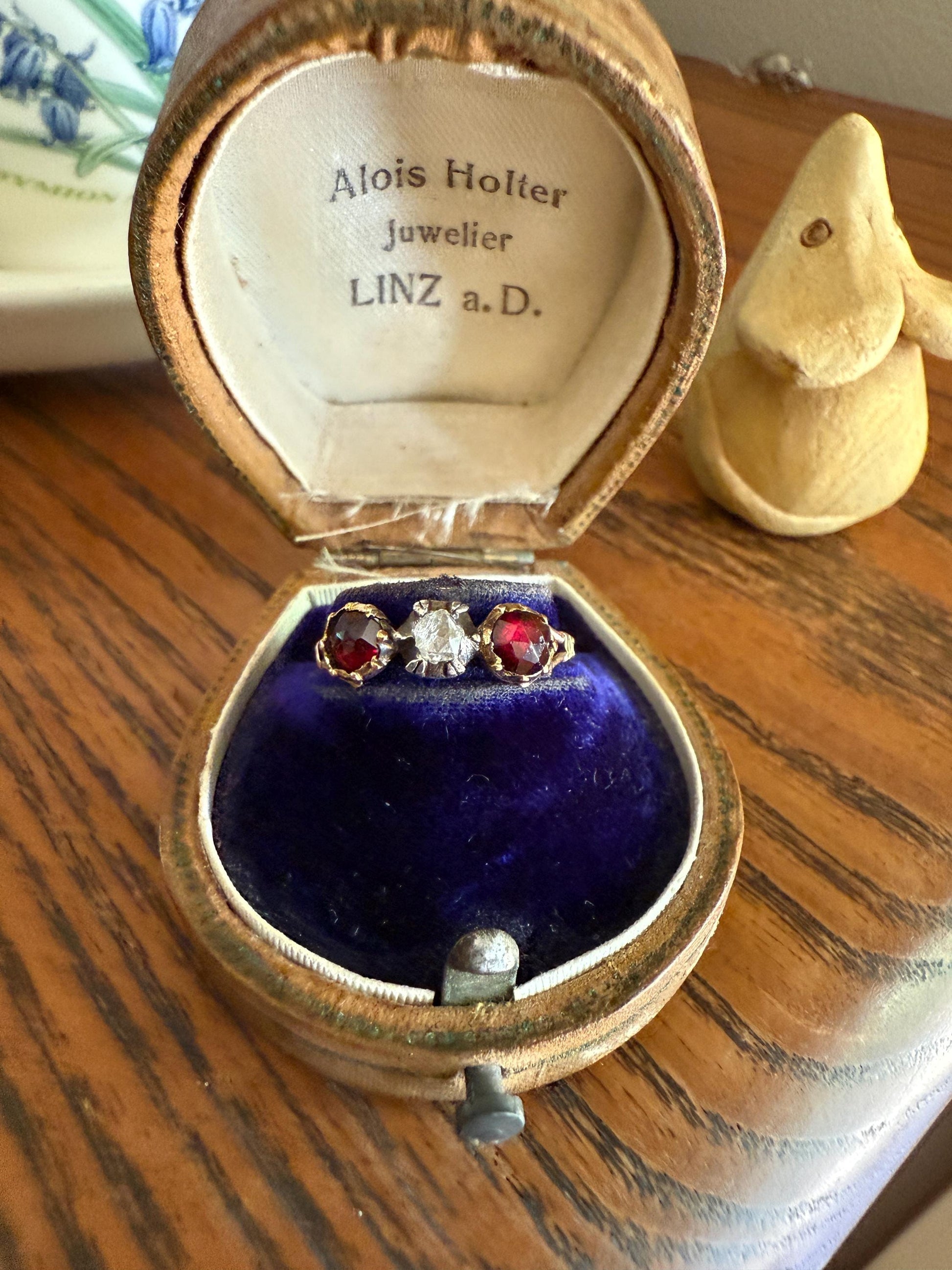 Georgian Era ANTIQUE Rose Cut Diamond & Red GARNET Three Stone RING 18k Gold Skinny Band Stacker Crimson Glow