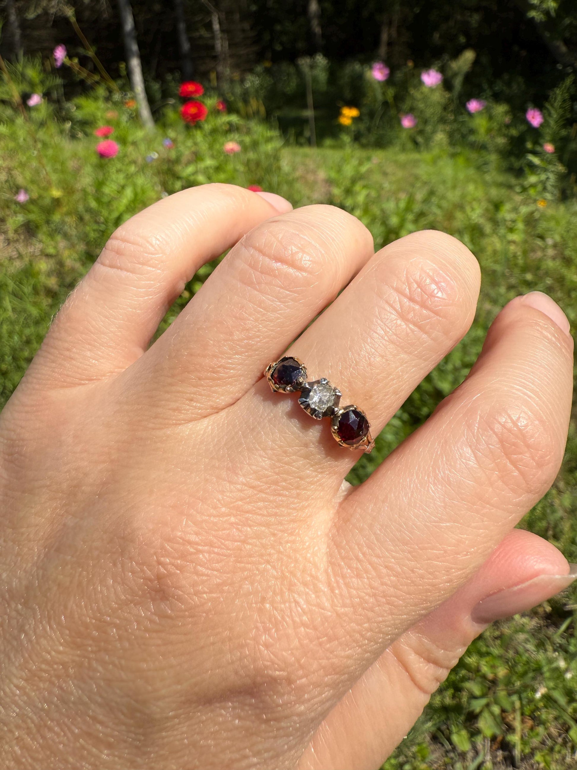 Georgian Era ANTIQUE Rose Cut Diamond & Red GARNET Three Stone RING 18k Gold Skinny Band Stacker Crimson Glow