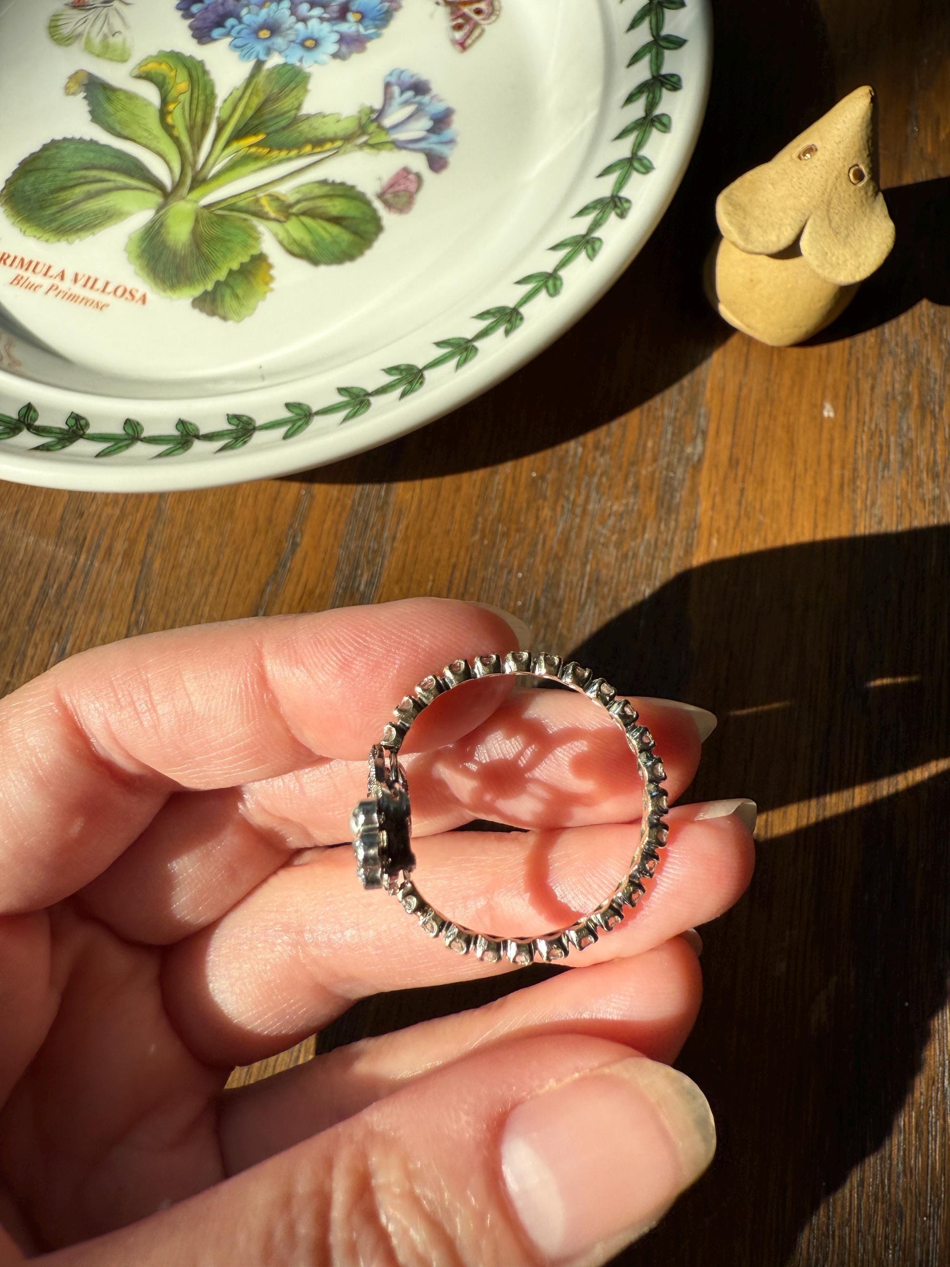 XL Ornate Belle Epoque French Antique FLORAL Ring w/ Diamond ETERNITY Band Pearl Flowers Rose Cut 18k White Gold Art Nouveau Victorian