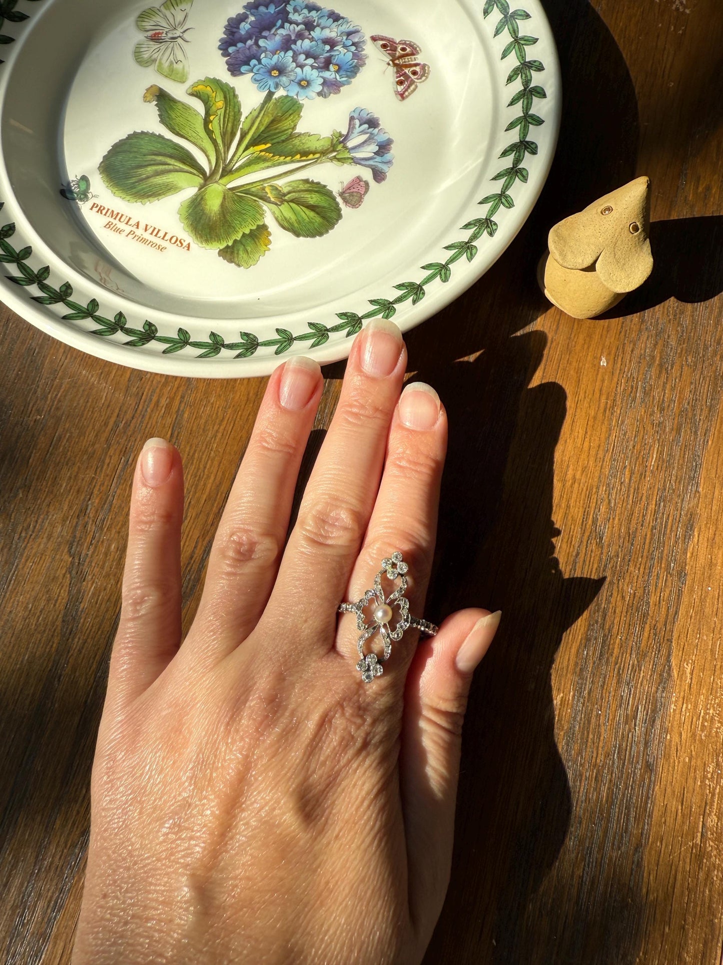 XL Ornate Belle Epoque French Antique FLORAL Ring w/ Diamond ETERNITY Band Pearl Flowers Rose Cut 18k White Gold Art Nouveau Victorian