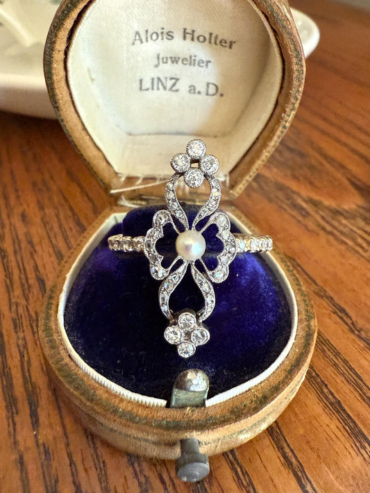 XL Ornate Belle Epoque French Antique FLORAL Ring w/ Diamond ETERNITY Band Pearl Flowers Rose Cut 18k White Gold Art Nouveau Victorian
